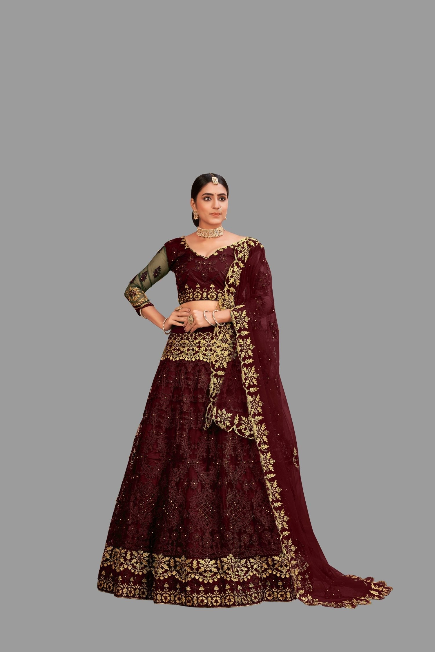 Jyoti Fashion Women's Maroon Net Thread Embroidered Designer Lehenga Choli Set