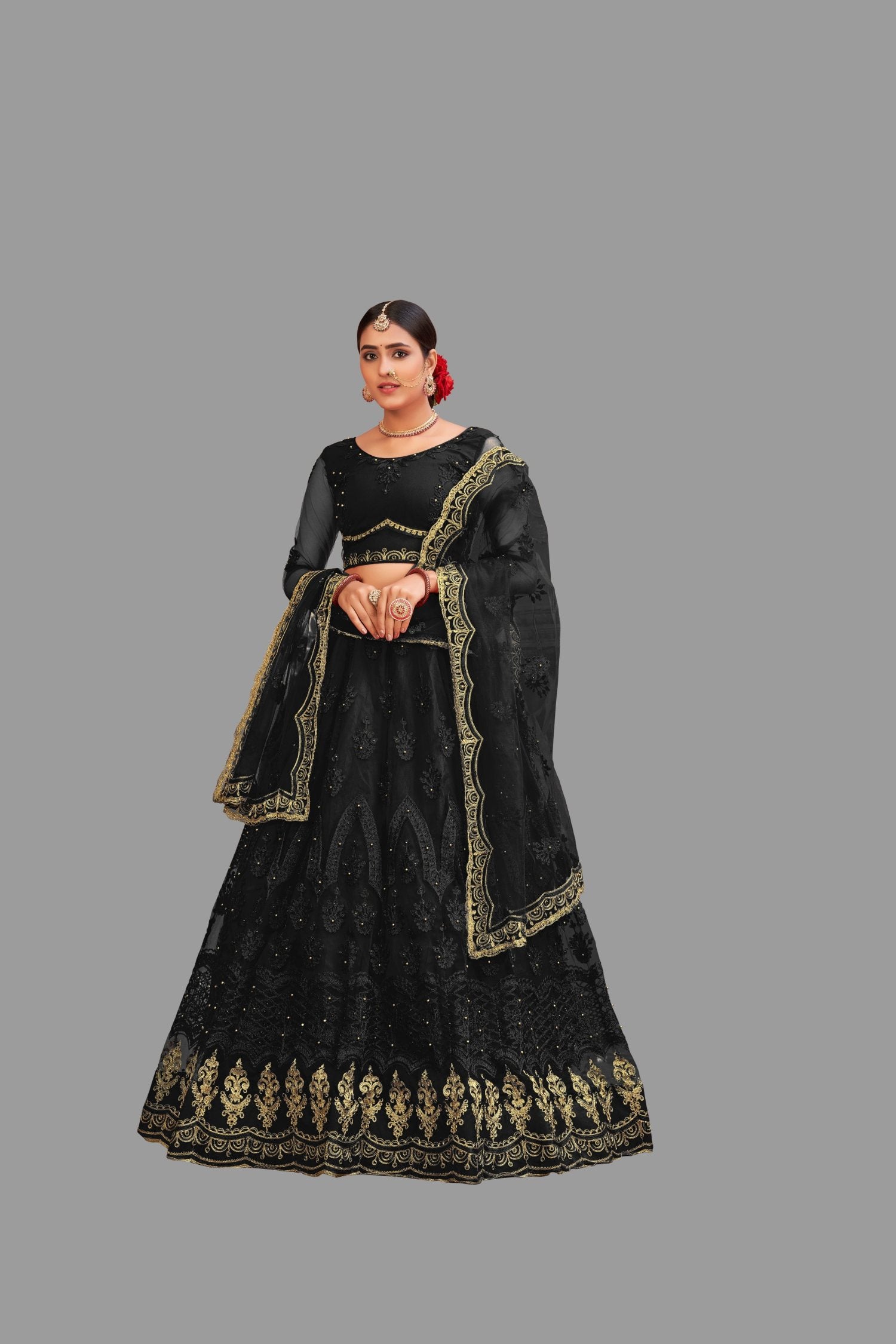 Jyoti Fashion Women's Black Net Thread Embroidered Designer Lehenga Choli Set