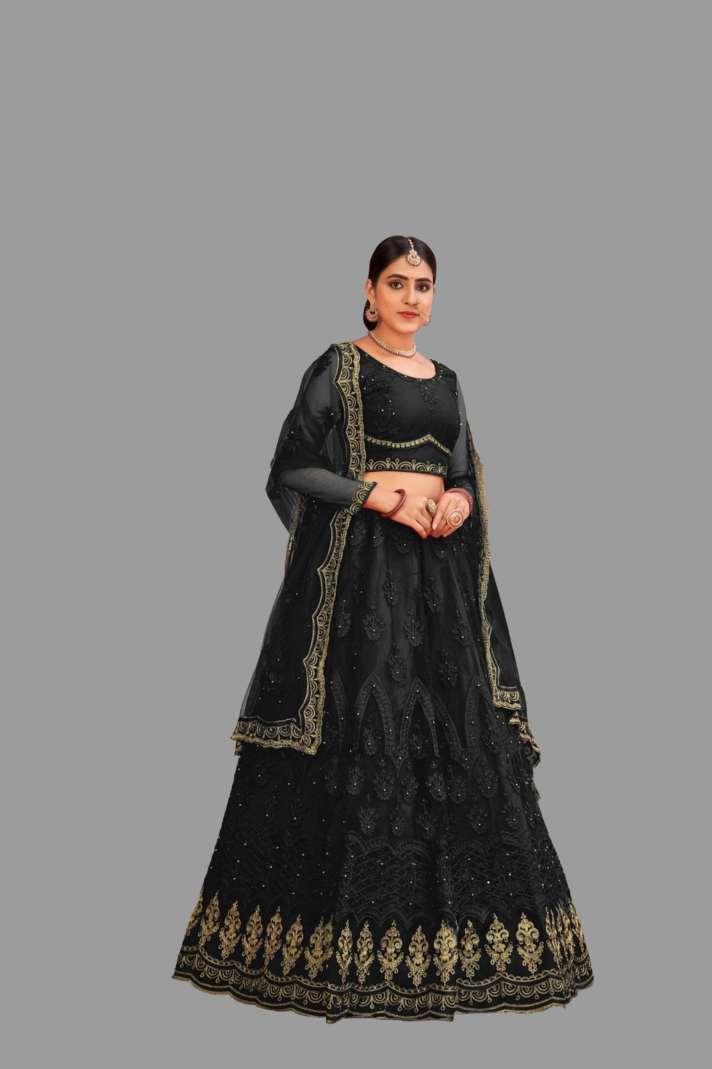 Jyoti Fashion Women's Black Net Thread Embroidered Designer Lehenga Choli Set