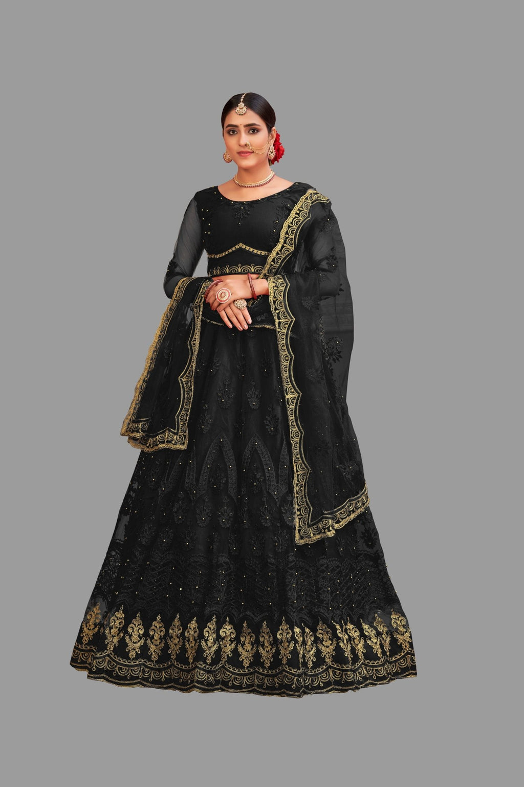 Jyoti Fashion Women's Black Net Thread Embroidered Designer Lehenga Choli Set