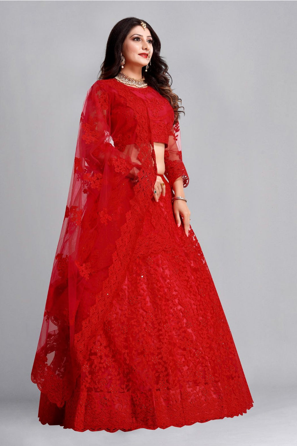 Jyoti Fashion Women's Red Net Thread Embroidered Designer Lehenga Choli Set