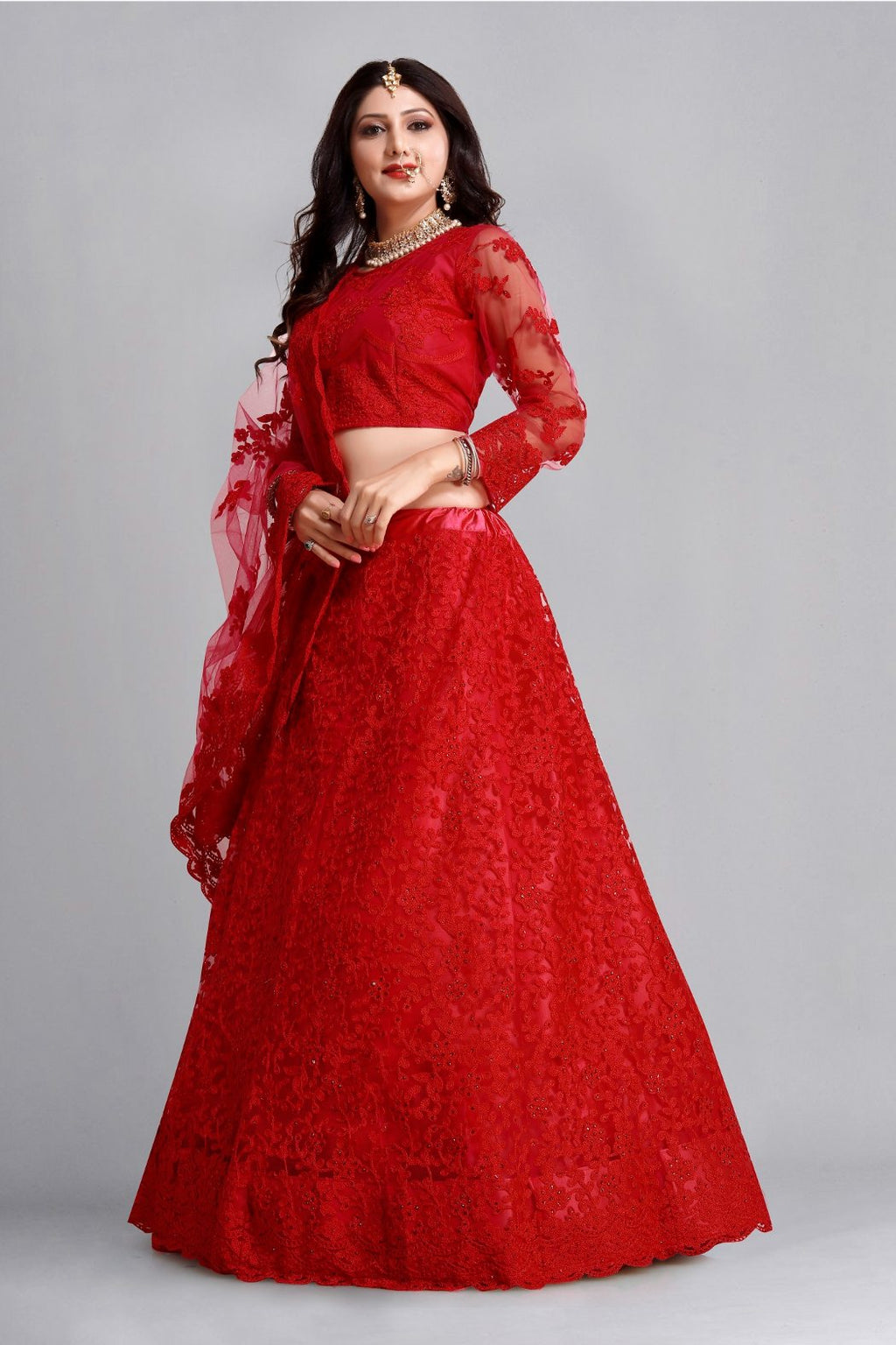 Jyoti Fashion Women's Red Net Thread Embroidered Designer Lehenga Choli Set