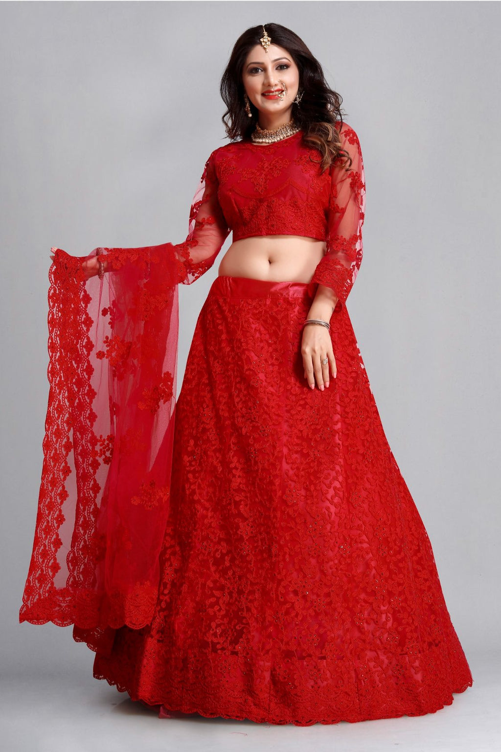 Jyoti Fashion Women's Red Net Thread Embroidered Designer Lehenga Choli Set