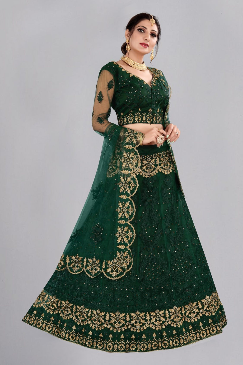 Jyoti Fashion Women's Dark Green Net Thread Embroidered Designer Lehenga Choli Set