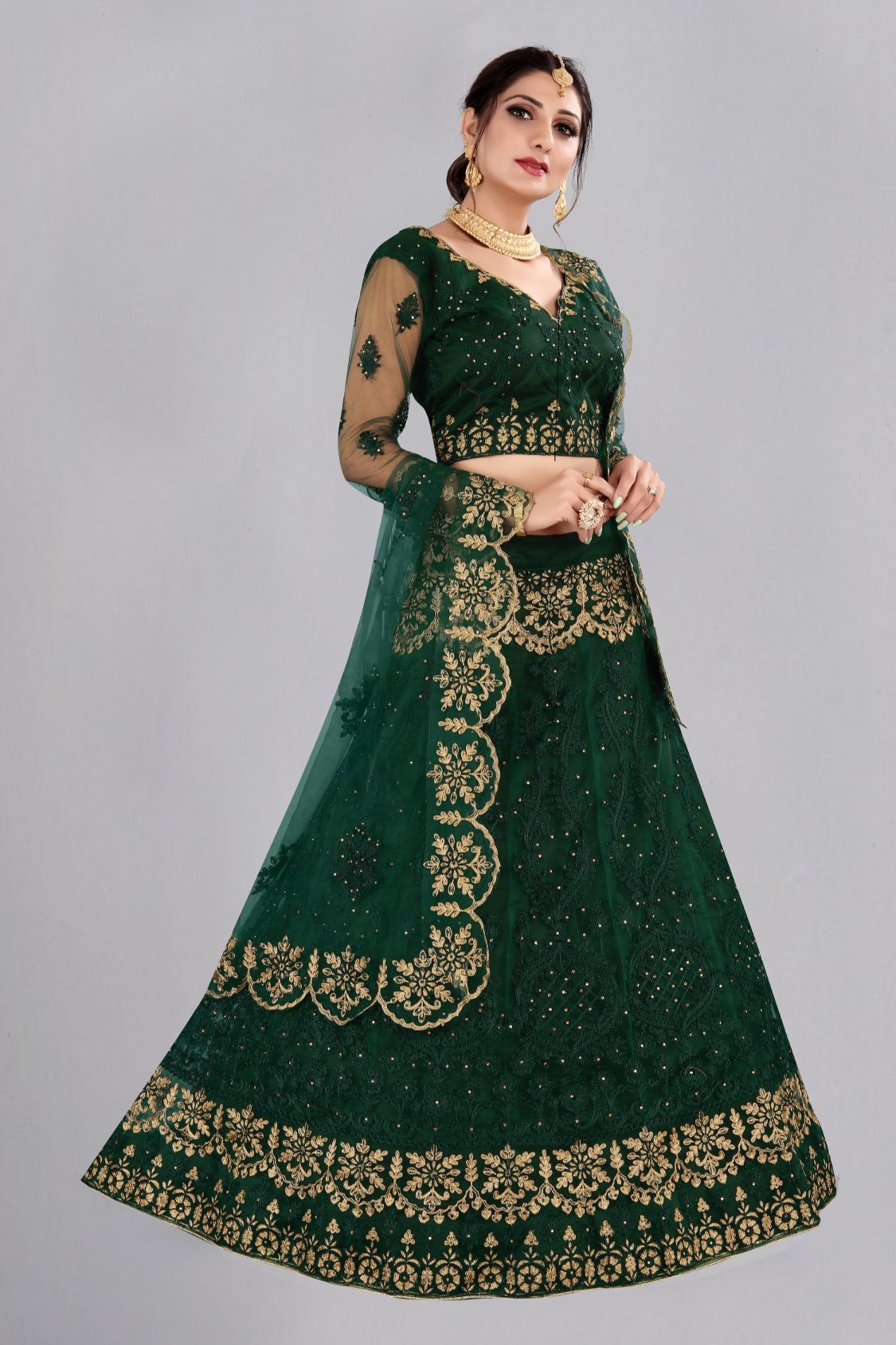 Jyoti Fashion Women's Dark Green Net Thread Embroidered Designer Lehenga Choli Set