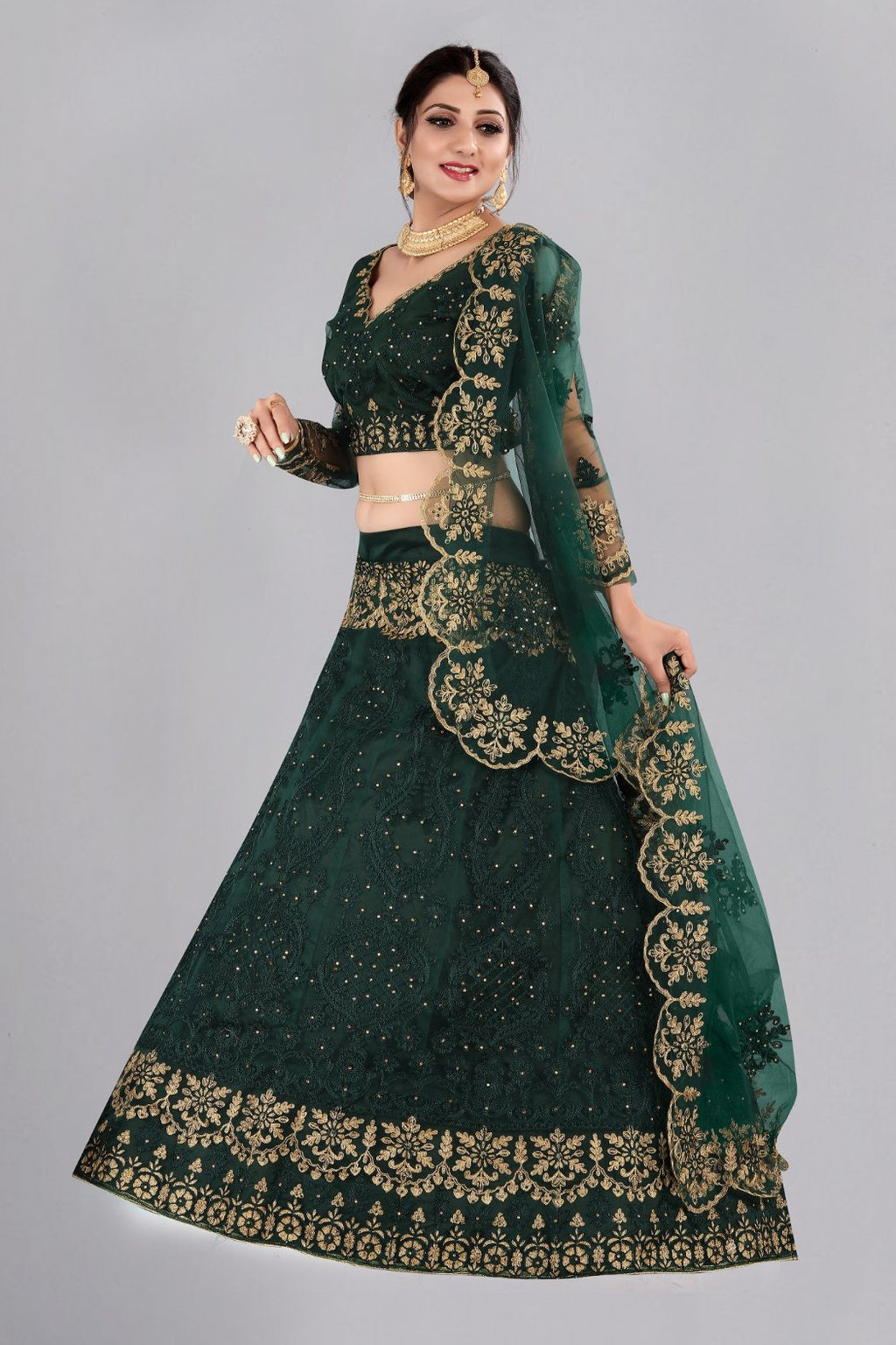 Jyoti Fashion Women's Dark Green Net Thread Embroidered Designer Lehenga Choli Set