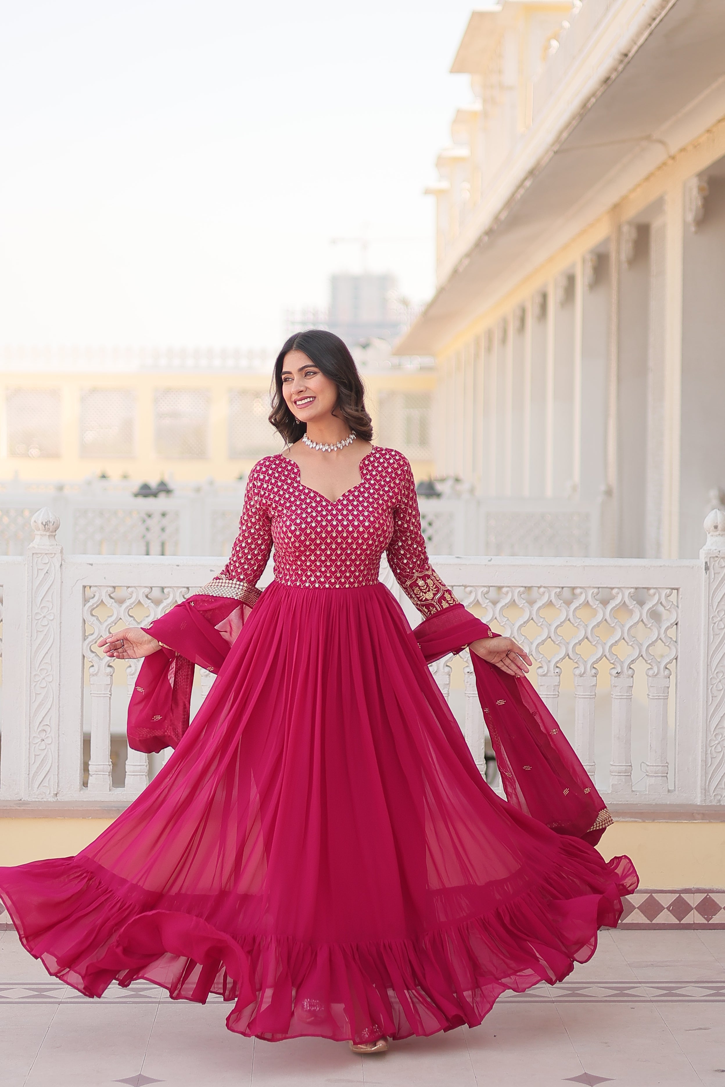 Jyoti Fashion Women's Rani Pink Faux Blooming Sequins with Zari Embroidered Anarkali Kurta with Dupatta