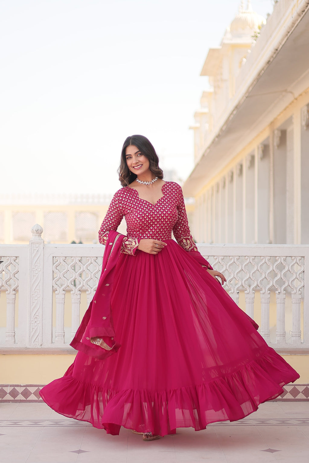 Jyoti Fashion Women's Rani Pink Faux Blooming Sequins with Zari Embroidered Anarkali Kurta with Dupatta