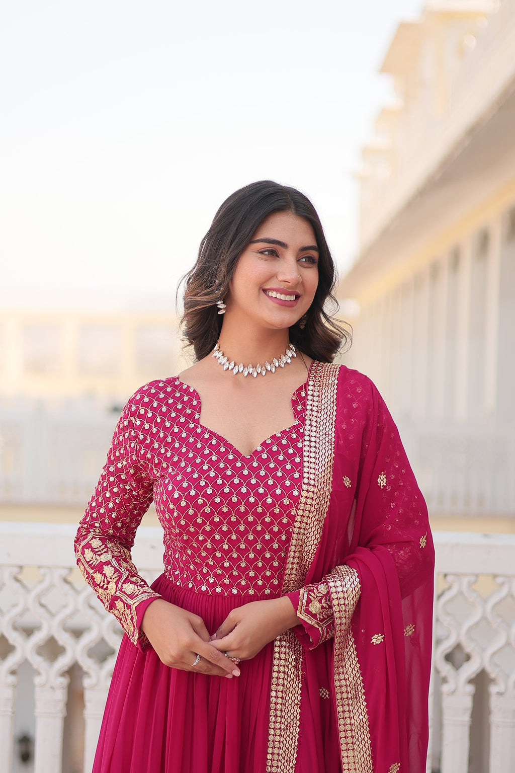 Jyoti Fashion Women's Rani Pink Faux Blooming Sequins with Zari Embroidered Anarkali Kurta with Dupatta