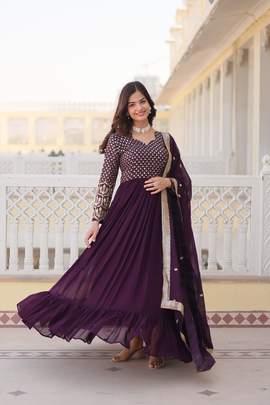 Jyoti Fashion Women's Wine Faux Blooming Sequins with Zari Embroidered Anarkali Kurta with Dupatta