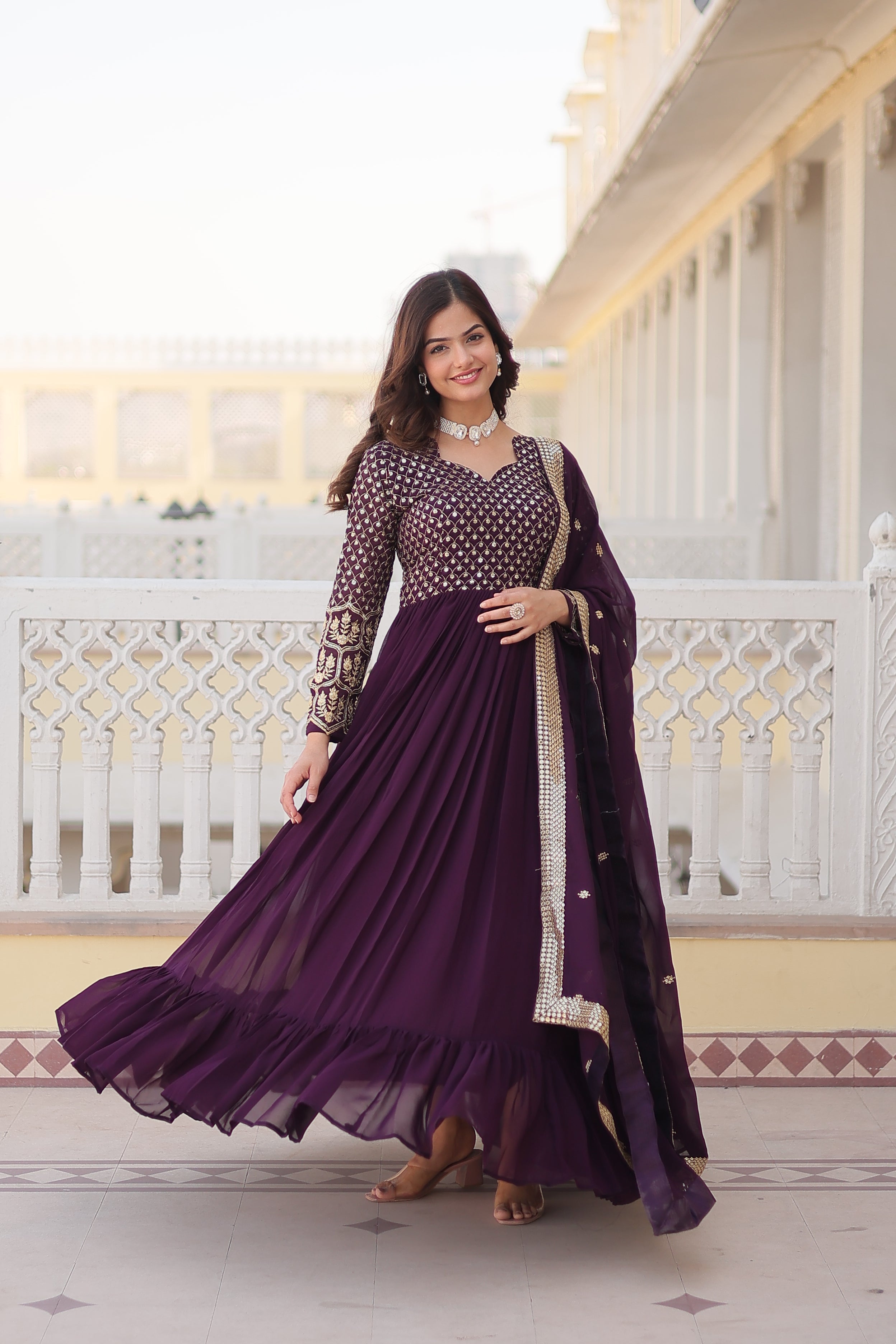 Jyoti Fashion Women's Wine Faux Blooming Sequins with Zari Embroidered Anarkali Kurta with Dupatta