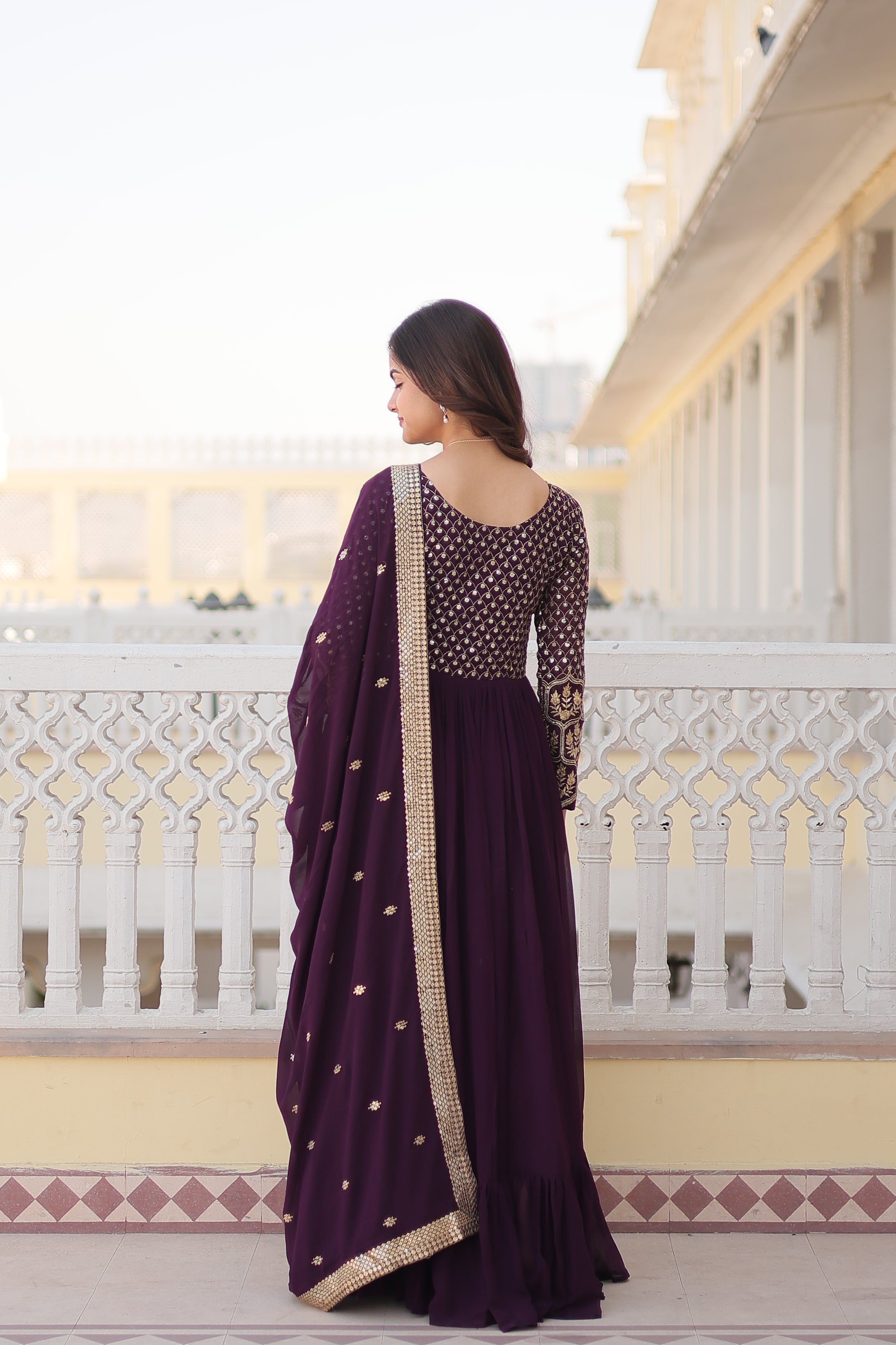 Jyoti Fashion Women's Wine Faux Blooming Sequins with Zari Embroidered Anarkali Kurta with Dupatta