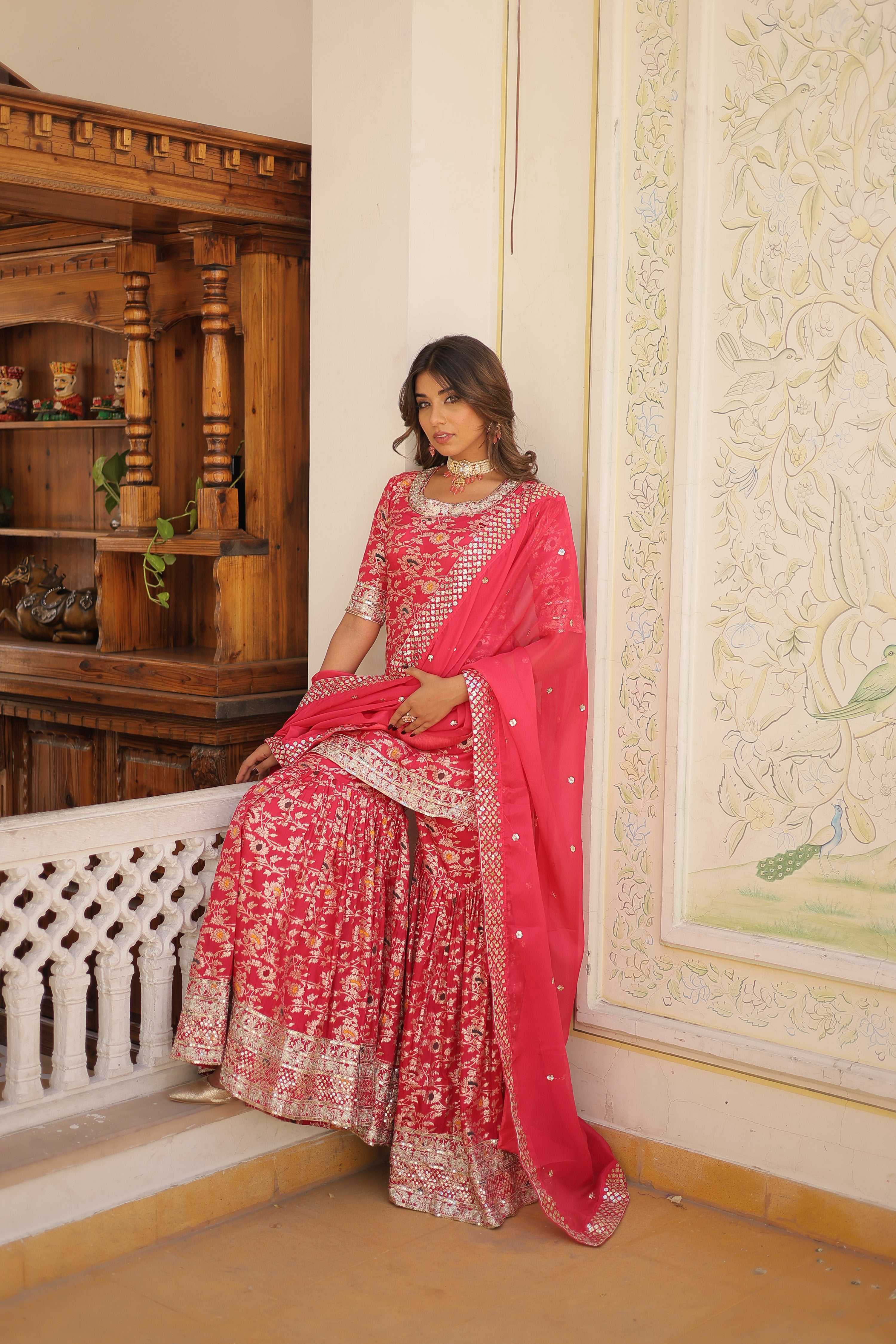 Jyoti Fashion Women's Rani Pink Viscose Jacquerd Sequins with Zari Embroidered Gharara Set