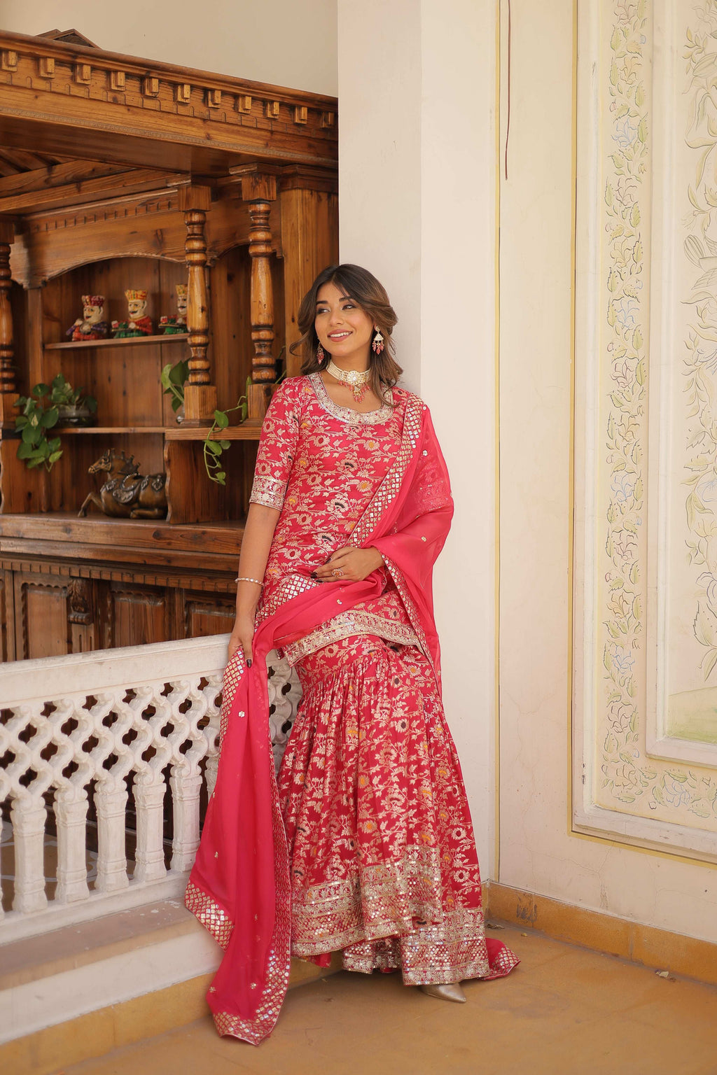 Jyoti Fashion Women's Rani Pink Viscose Jacquerd Sequins with Zari Embroidered Gharara Set