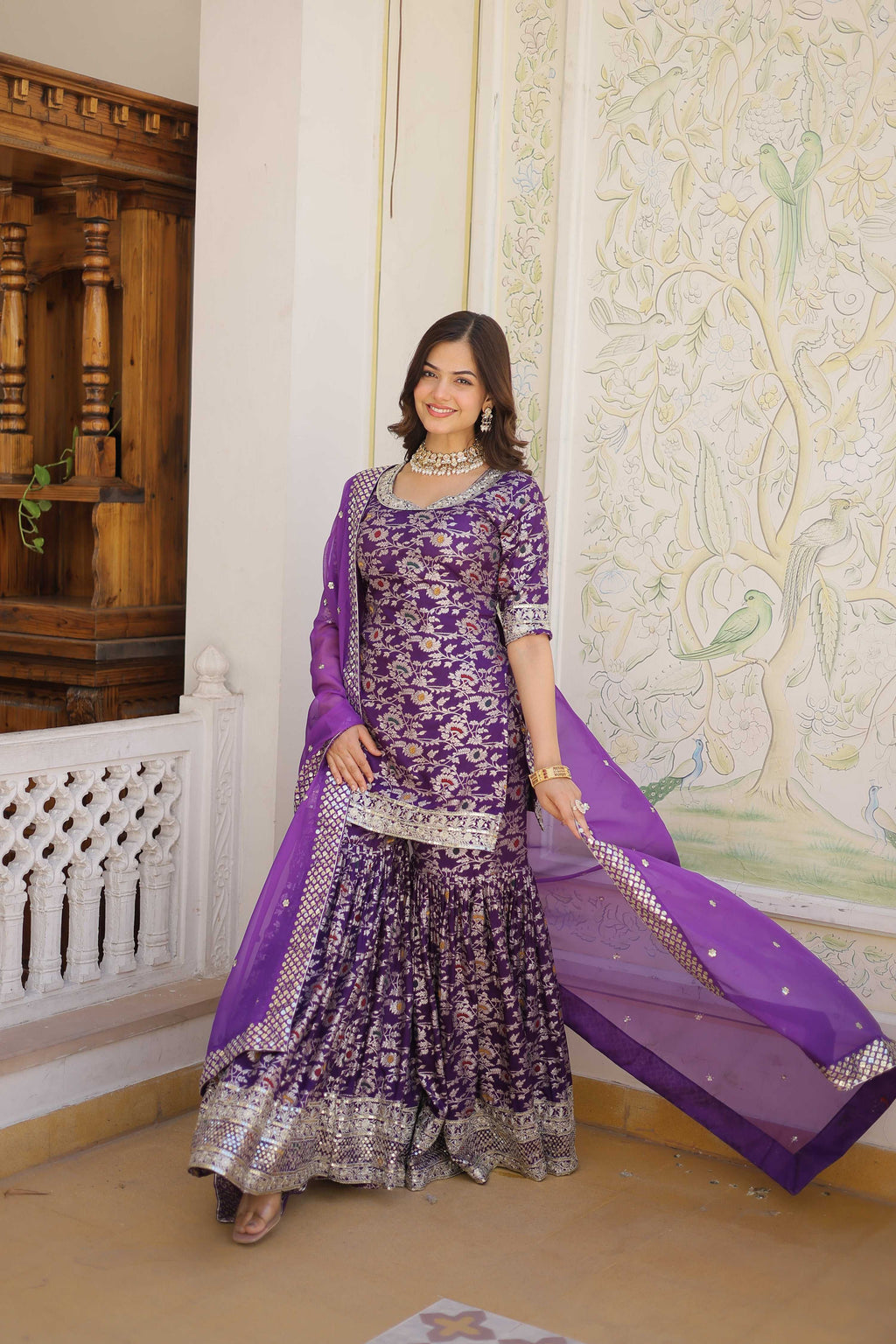 Jyoti Fashion Women's Purple Viscose Jacquerd Sequins with Zari Embroidered Gharara Set