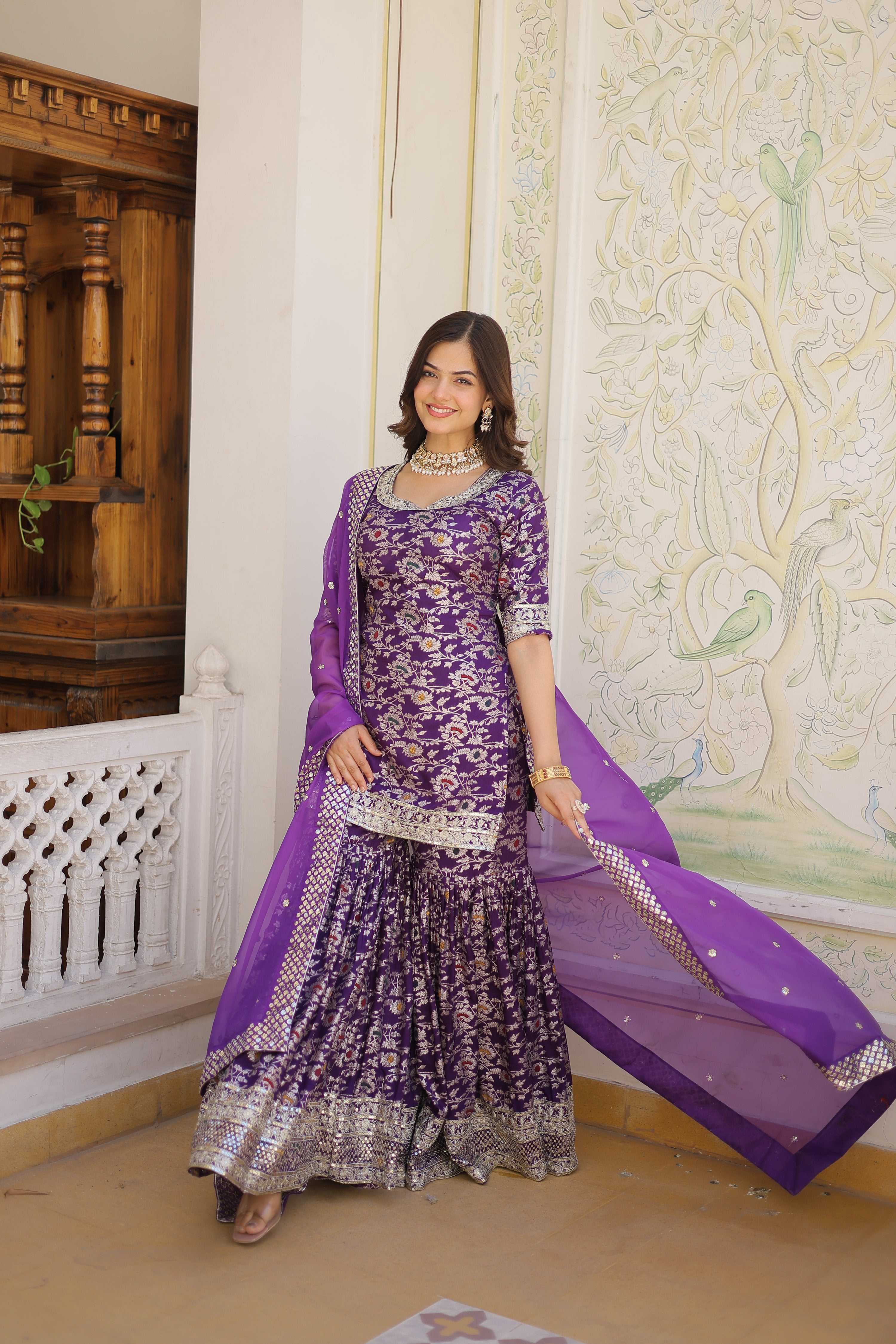Jyoti Fashion Women's Purple Viscose Jacquerd Sequins with Zari Embroidered Gharara Set