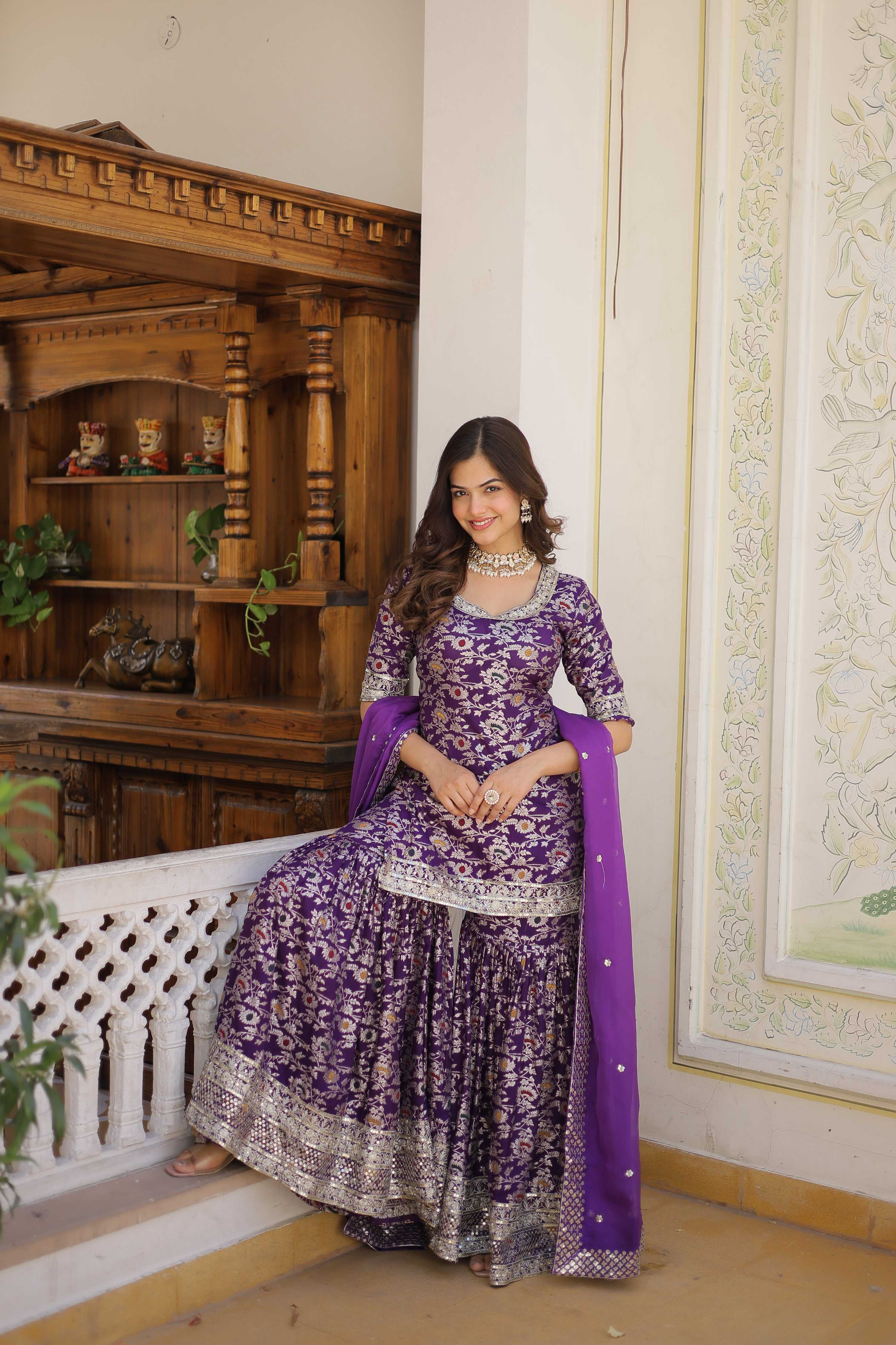 Jyoti Fashion Women's Purple Viscose Jacquerd Sequins with Zari Embroidered Gharara Set