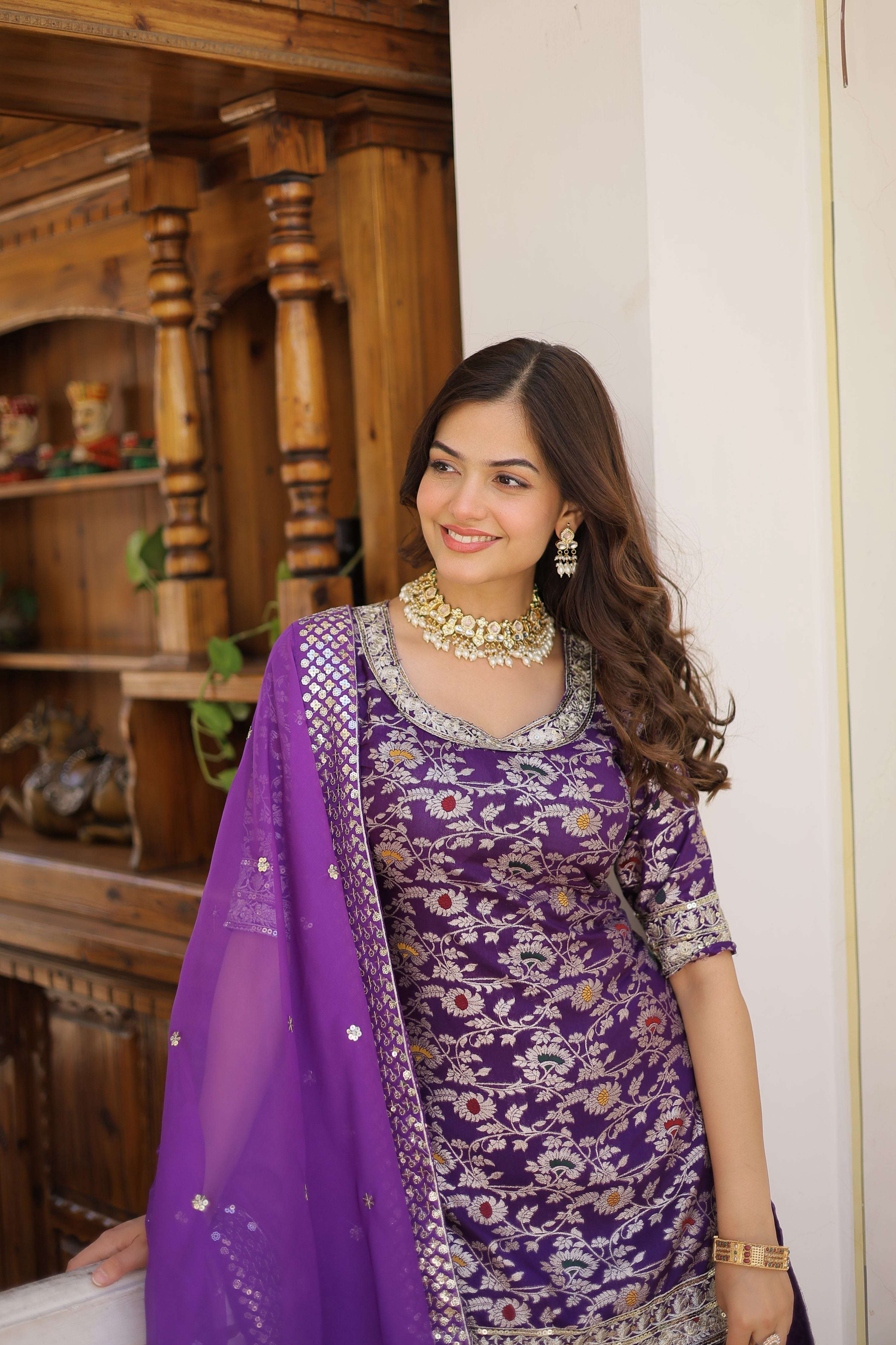 Jyoti Fashion Women's Purple Viscose Jacquerd Sequins with Zari Embroidered Gharara Set