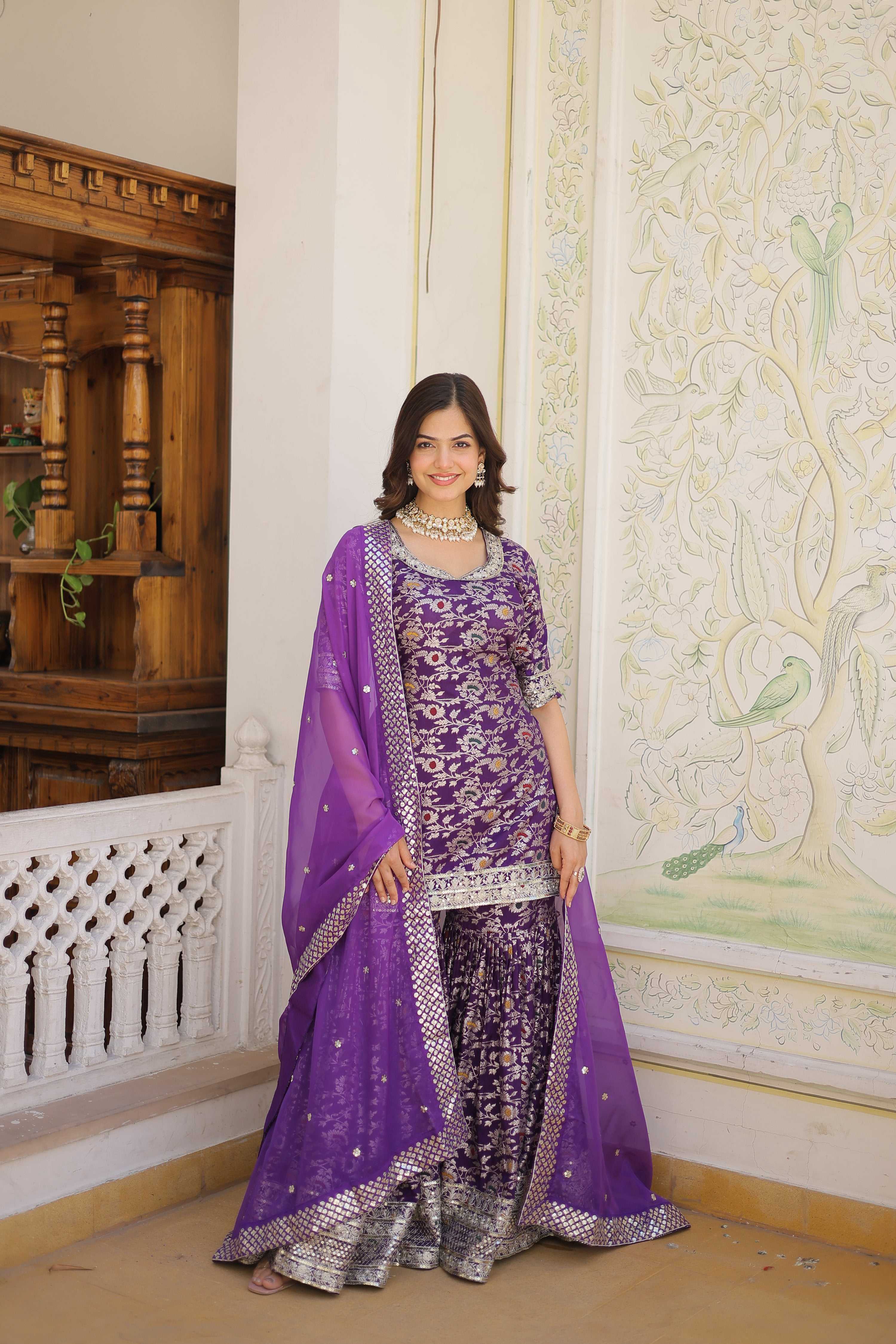 Jyoti Fashion Women's Purple Viscose Jacquerd Sequins with Zari Embroidered Gharara Set