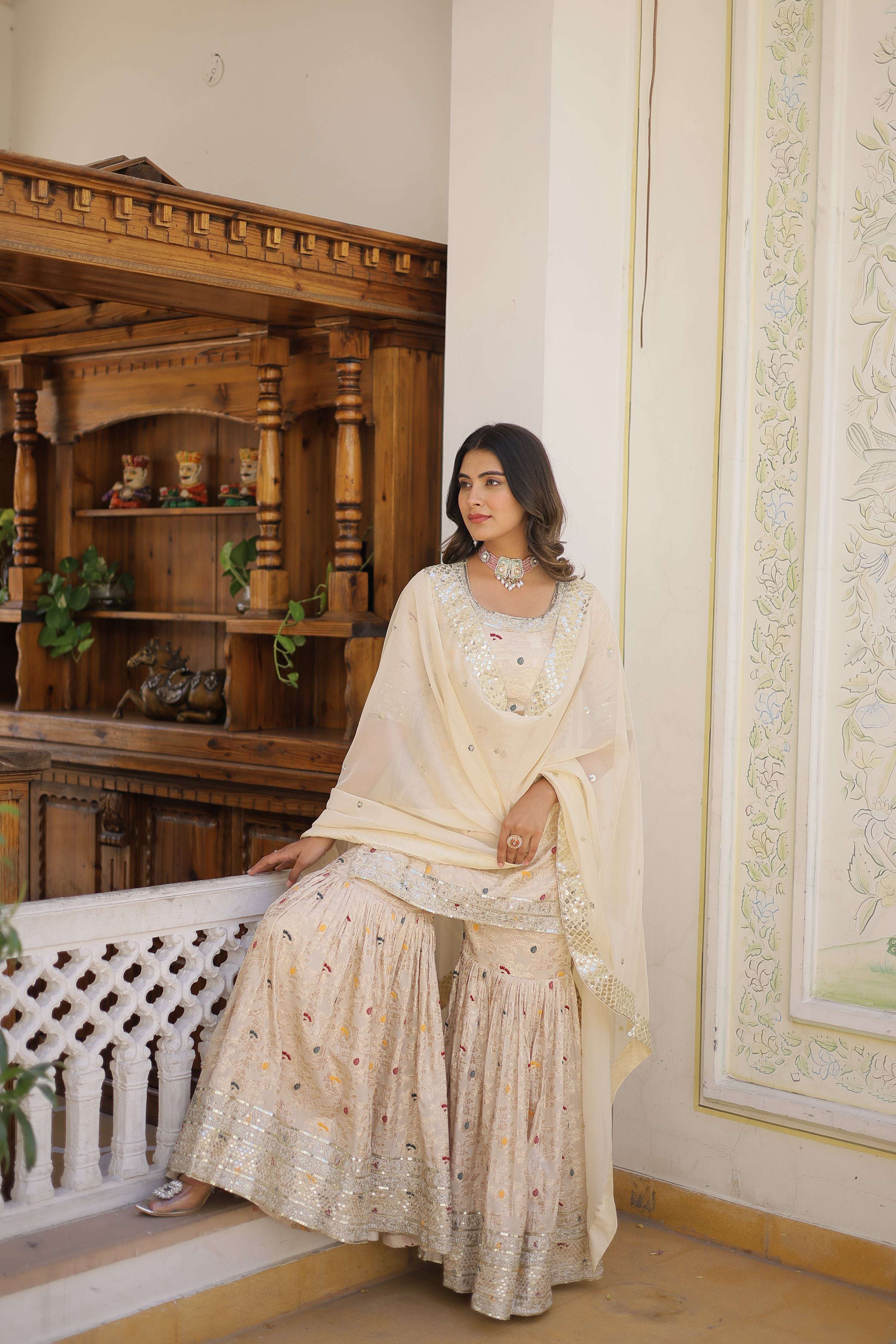 Jyoti Fashion Women's Off White Viscose Jacquerd Sequins with Zari Embroidered Gharara Set