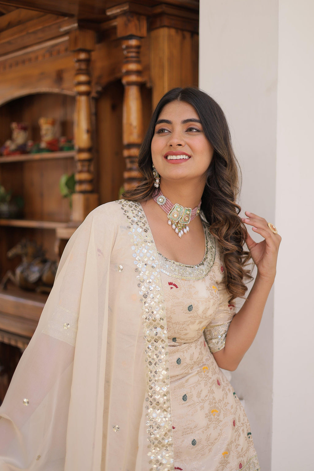 Jyoti Fashion Women's Off White Viscose Jacquerd Sequins with Zari Embroidered Gharara Set