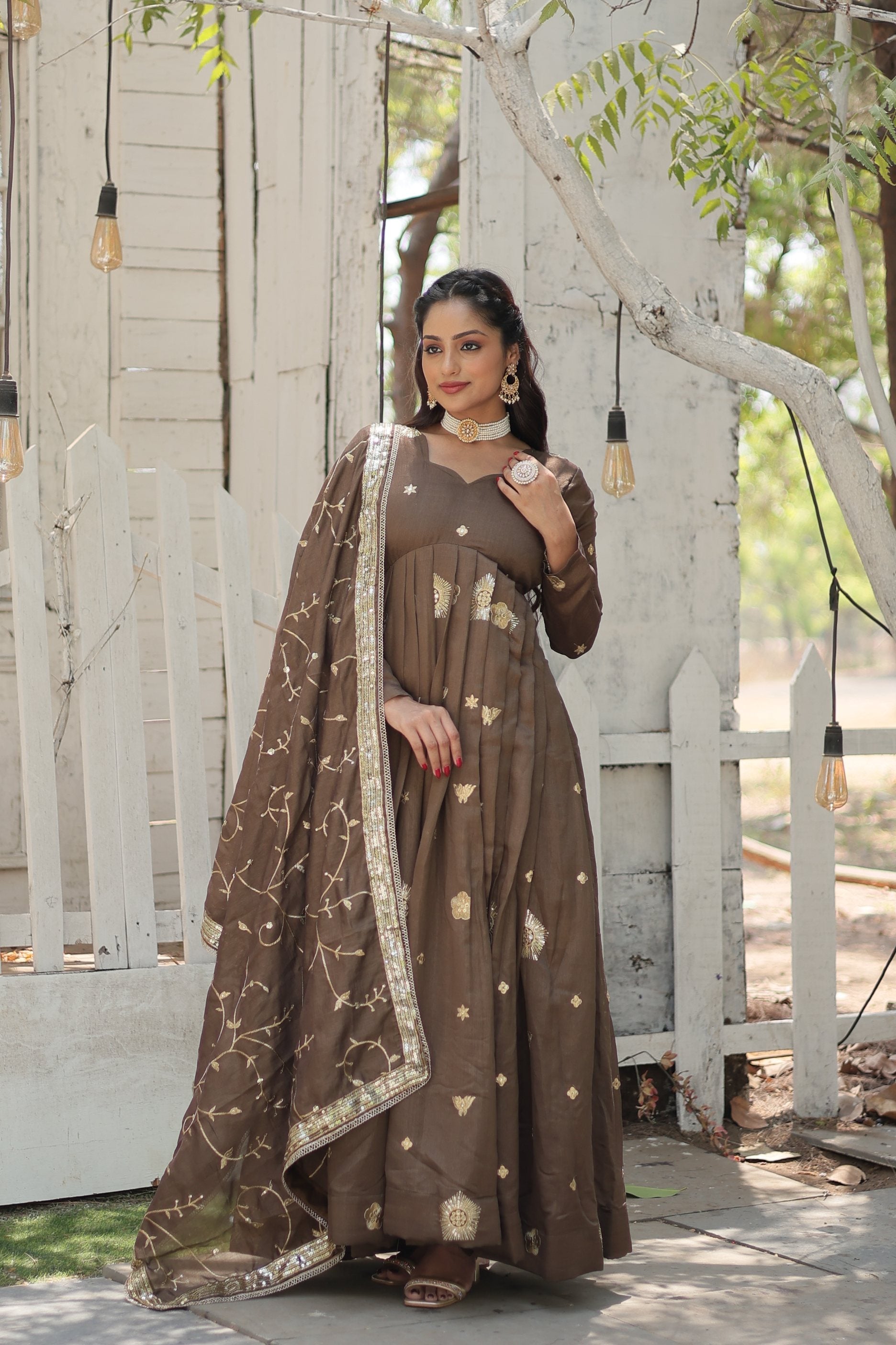Jyoti Fashion Women's Brown Vichitra Shimmer Sequins with Embroidered Anarkali Kurta with Dupatta