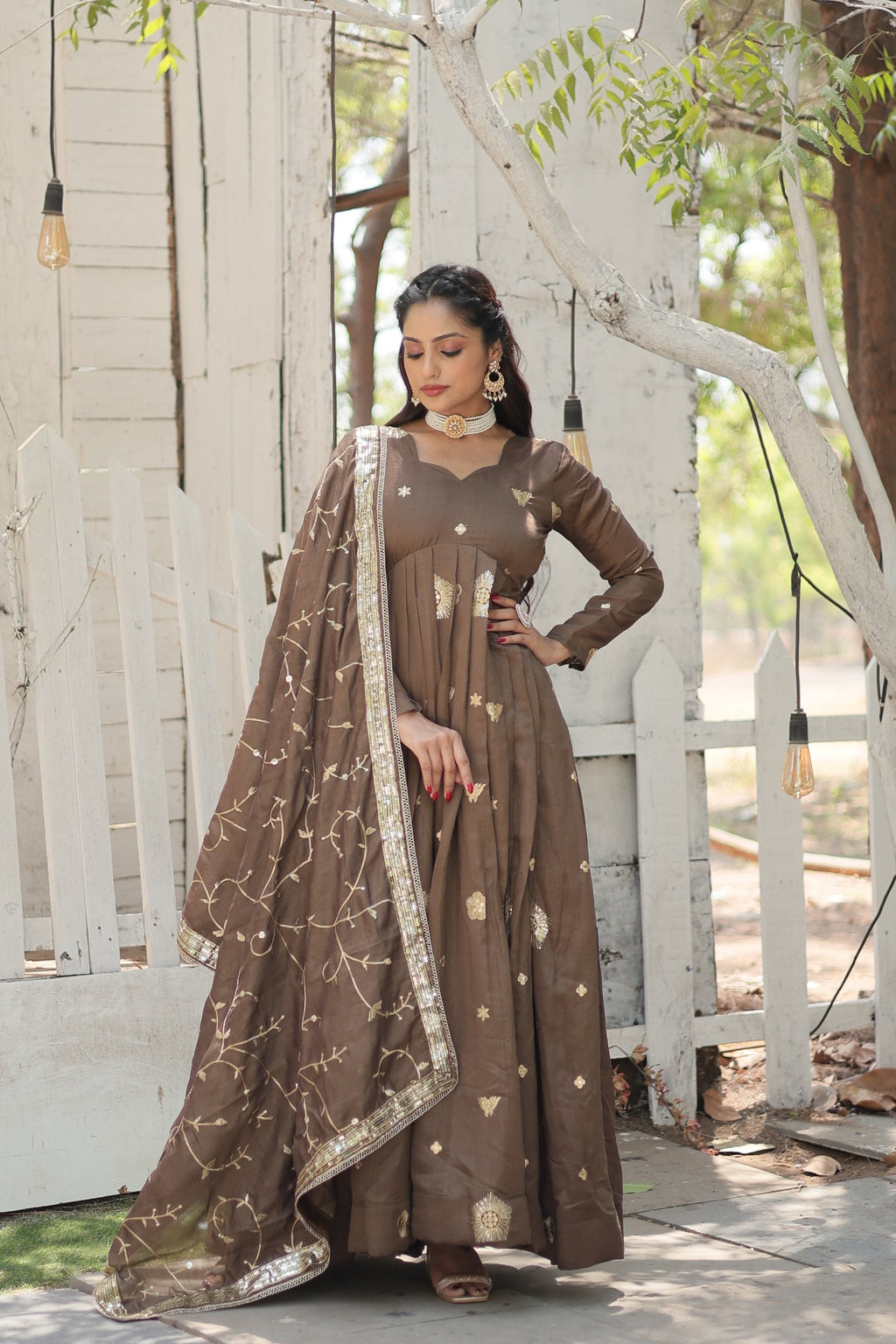 Jyoti Fashion Women's Brown Vichitra Shimmer Sequins with Embroidered Anarkali Kurta with Dupatta