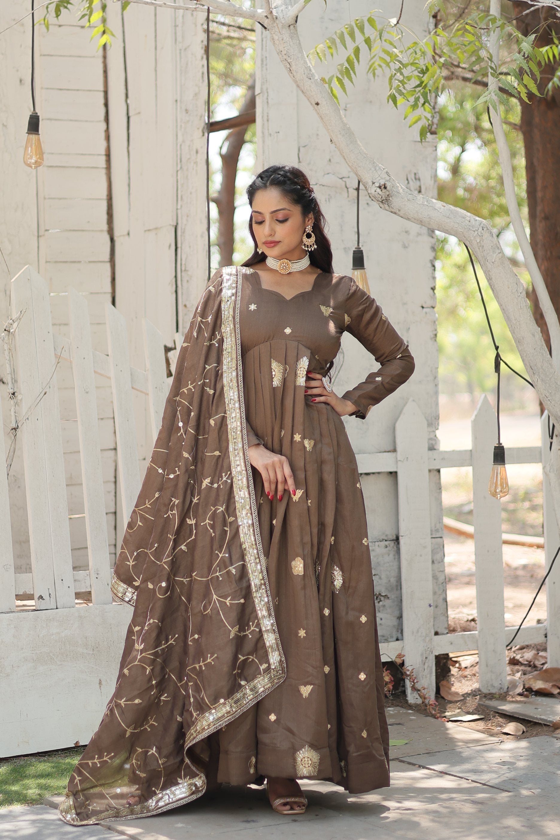 Jyoti Fashion Women's Brown Vichitra Shimmer Sequins with Embroidered Anarkali Kurta with Dupatta