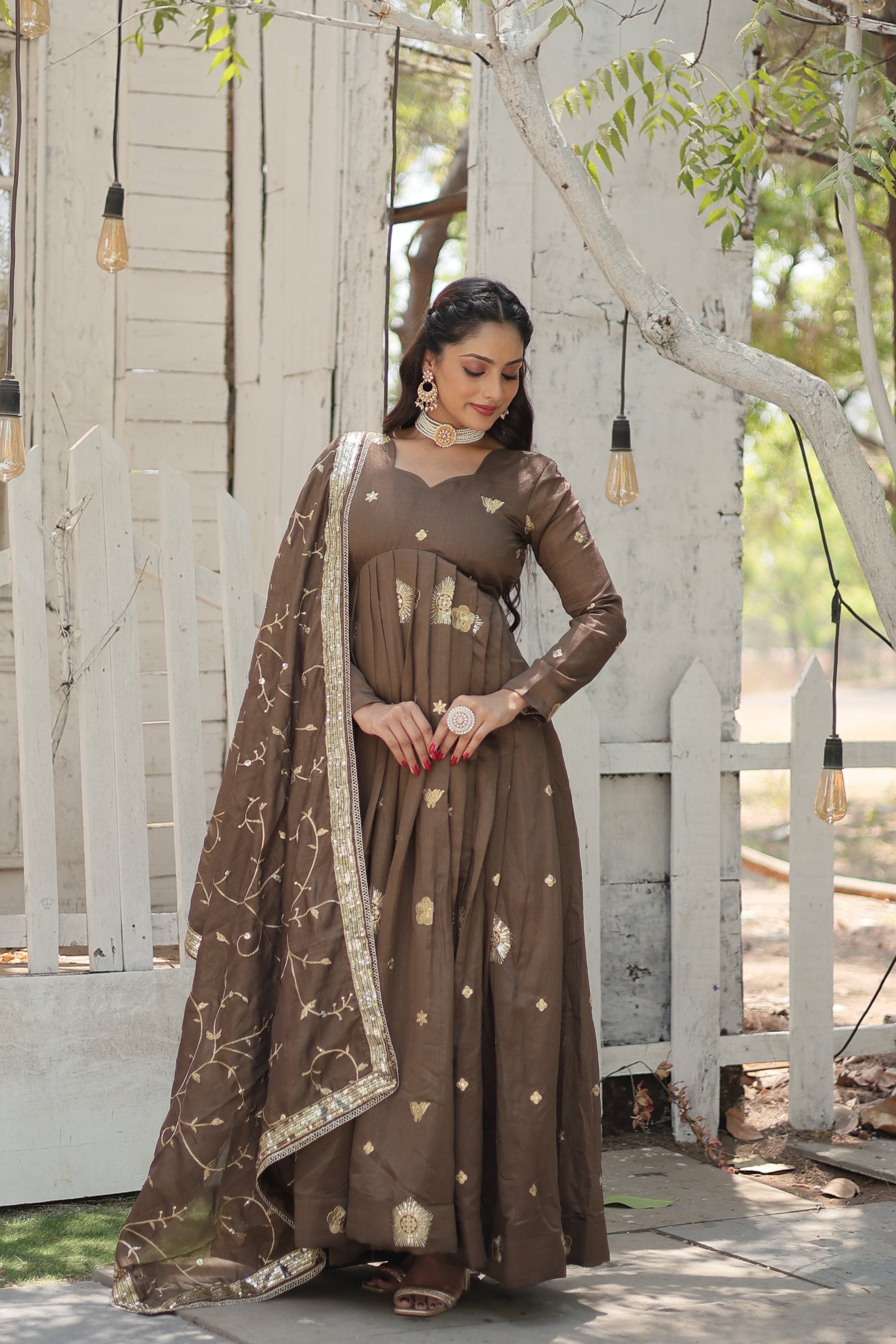 Jyoti Fashion Women's Brown Vichitra Shimmer Sequins with Embroidered Anarkali Kurta with Dupatta