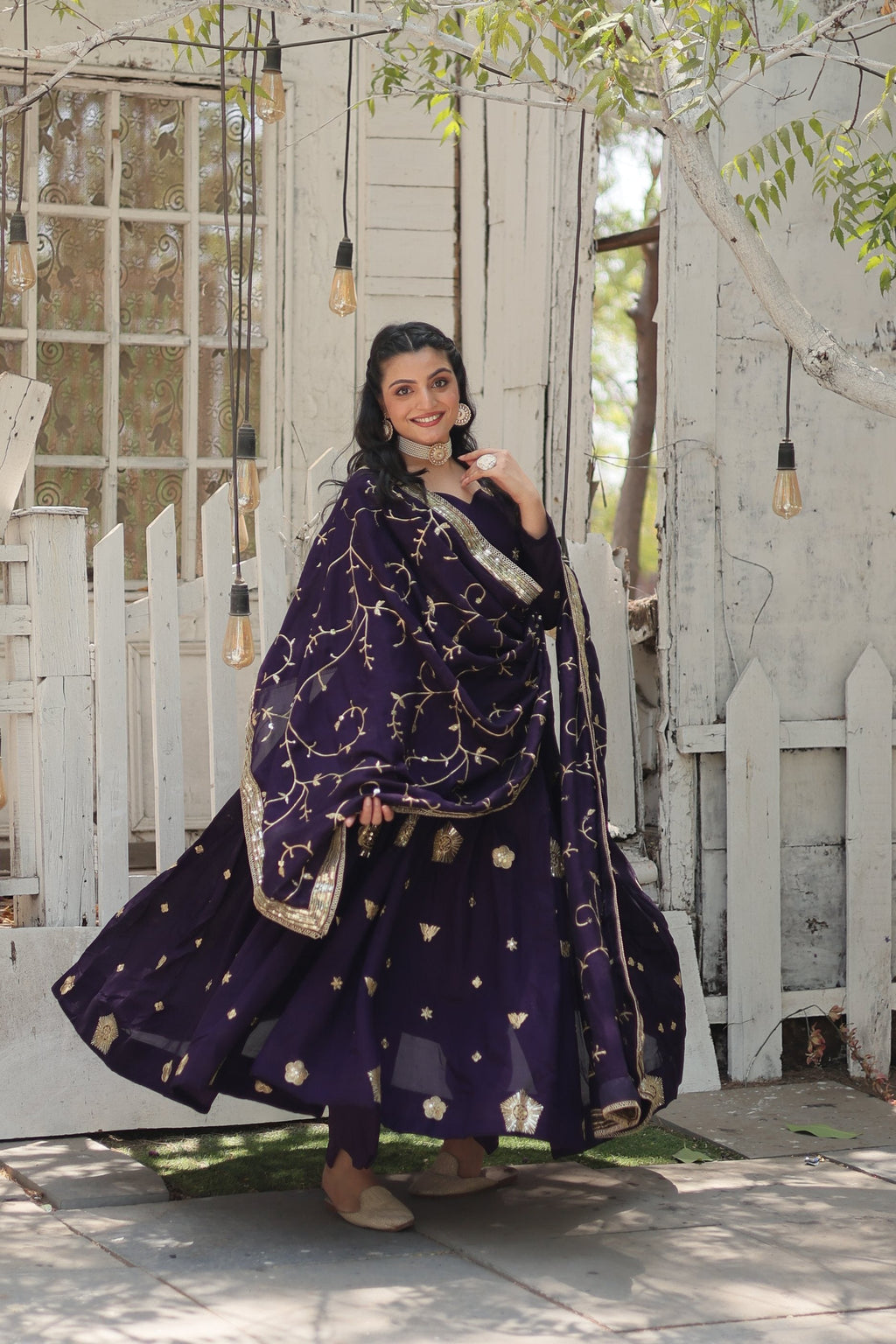 Jyoti Fashion Women's Purple Vichitra Shimmer Sequins with Embroidered Anarkali Kurta with Dupatta