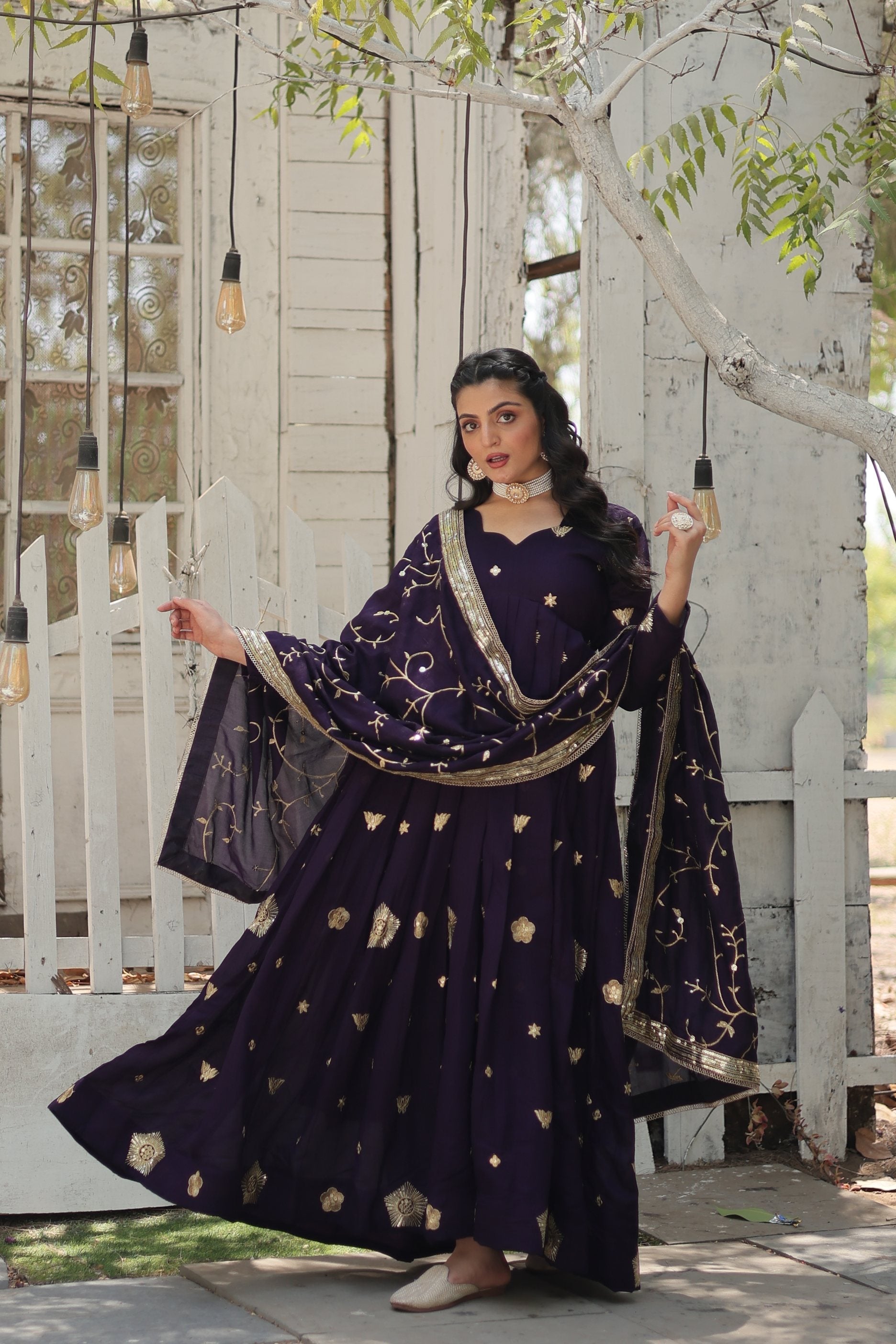 Jyoti Fashion Women's Purple Vichitra Shimmer Sequins with Embroidered Anarkali Kurta with Dupatta