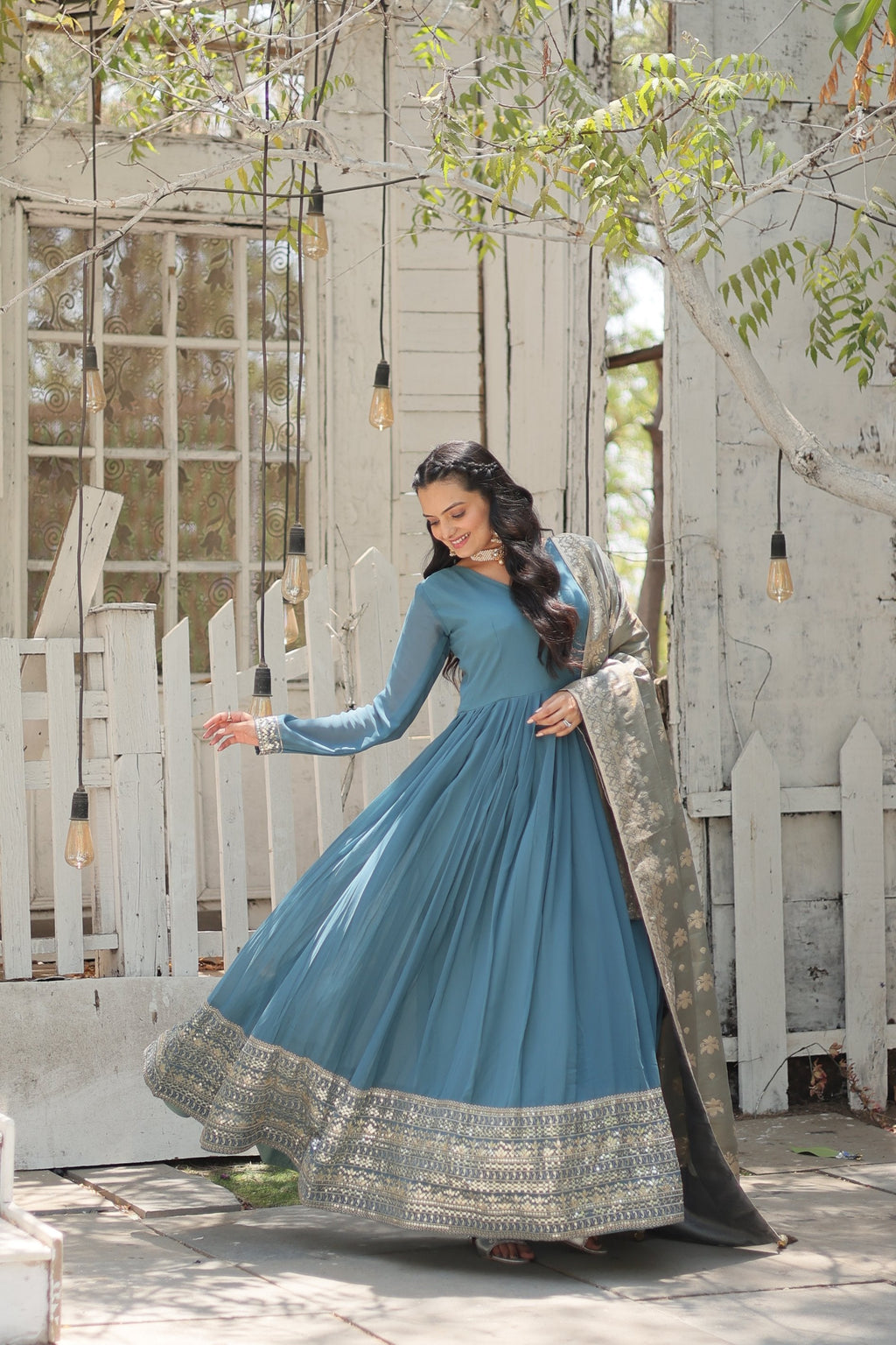Jyoti Fashion Women's Sky Blue Faux Georgette Sequins with Embroidered Anarkali Kurta with Dupatta