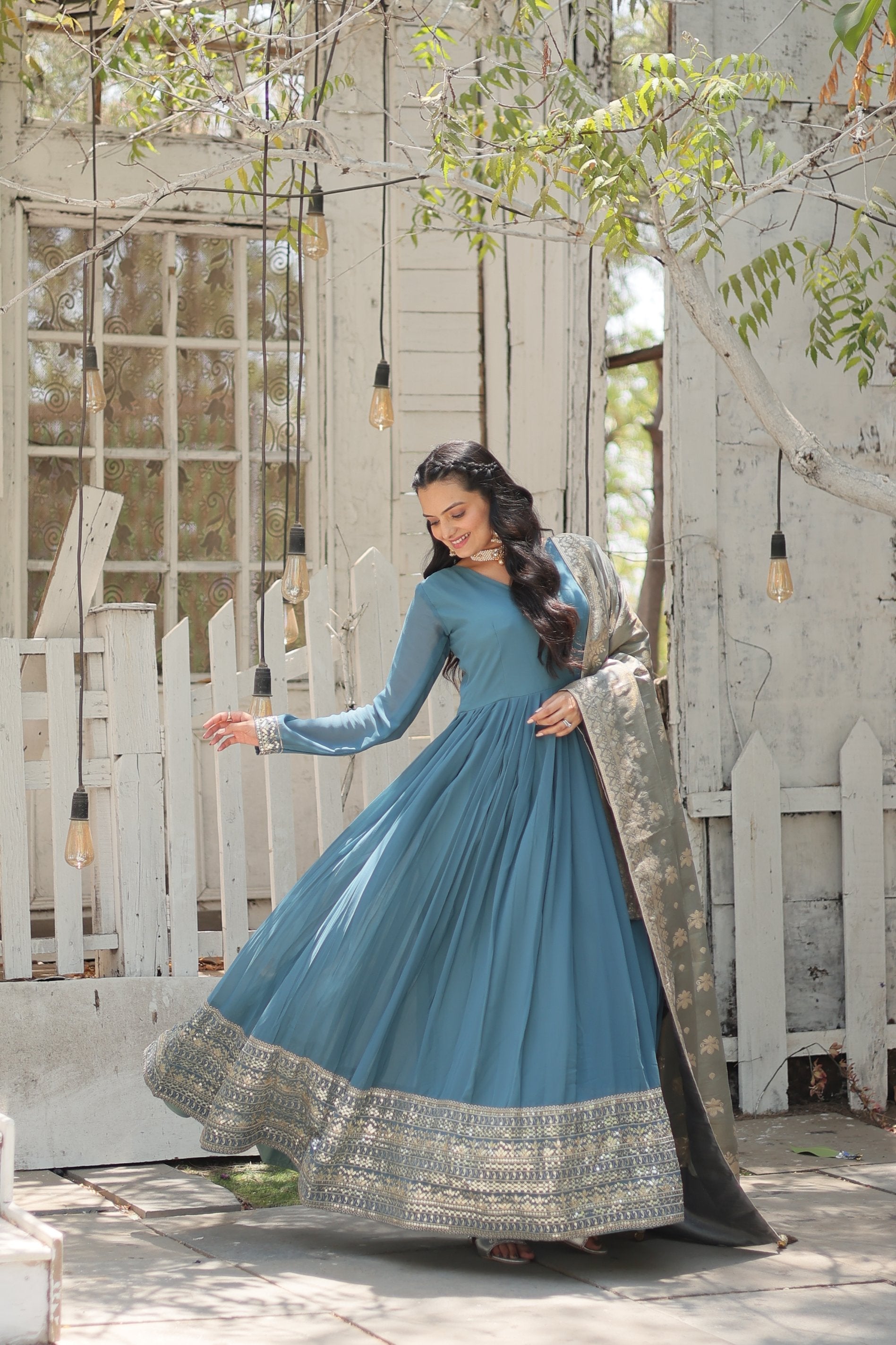 Jyoti Fashion Women's Sky Blue Faux Georgette Sequins with Embroidered Anarkali Kurta with Dupatta