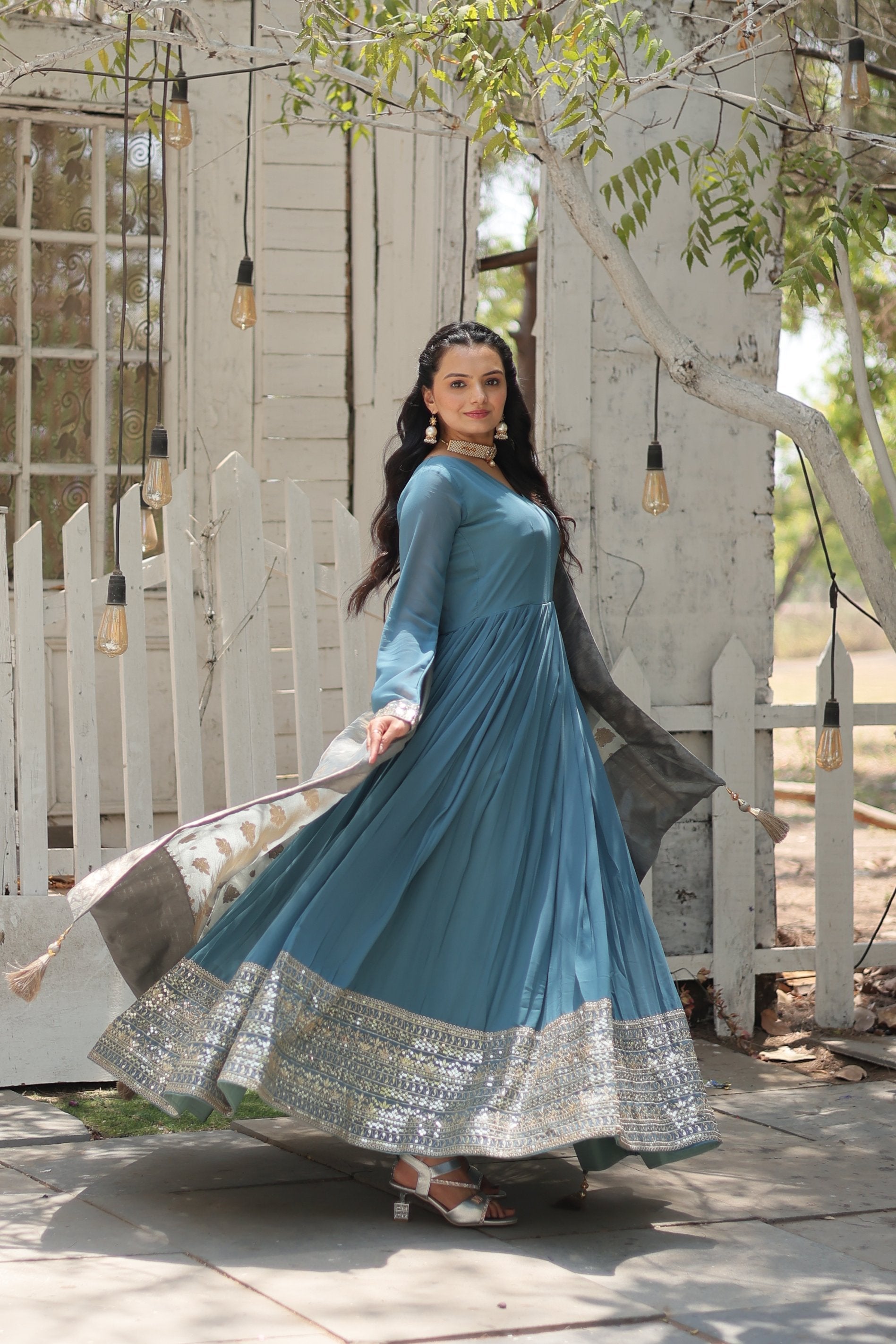 Jyoti Fashion Women's Sky Blue Faux Georgette Sequins with Embroidered Anarkali Kurta with Dupatta