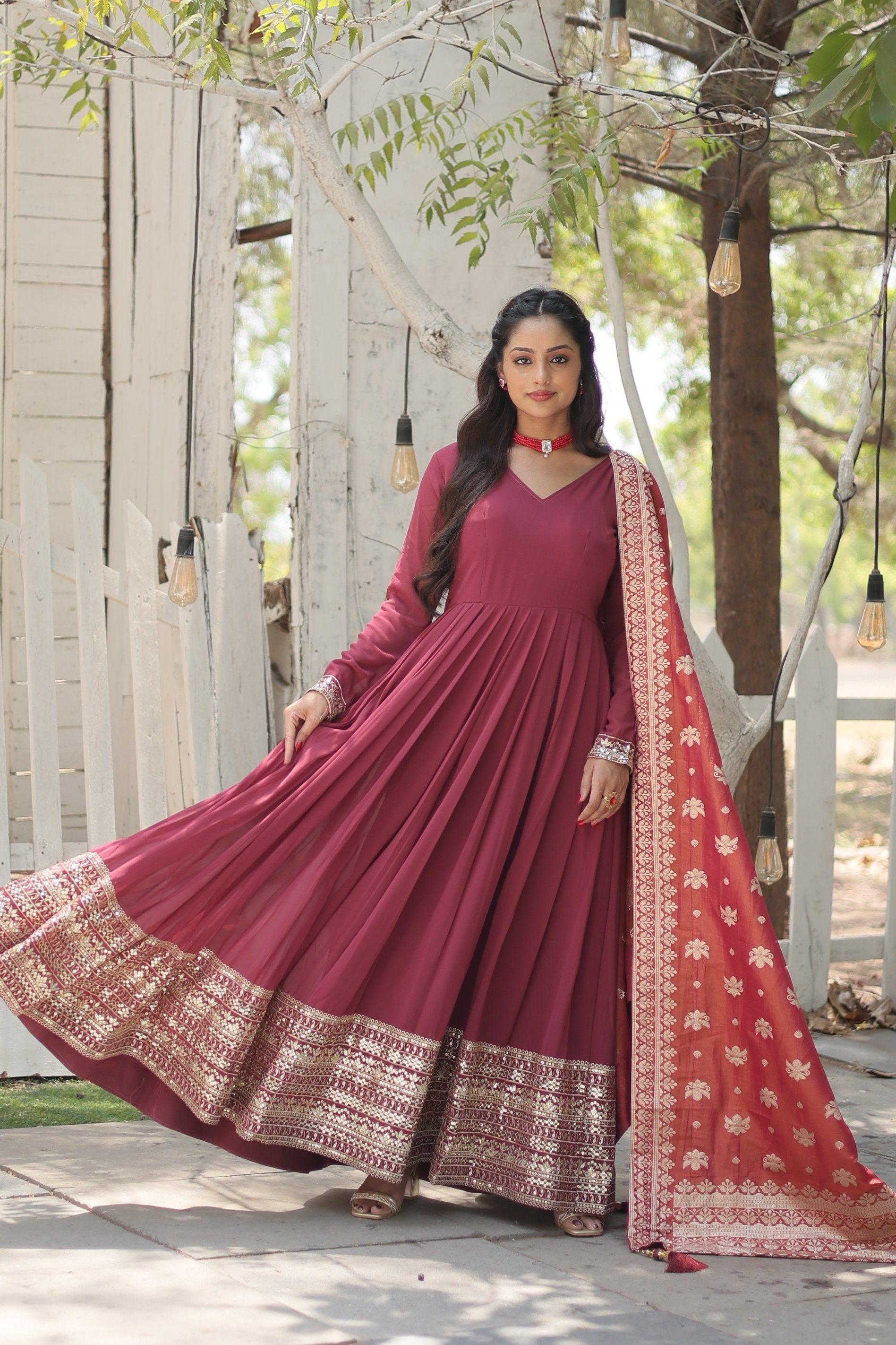 Jyoti Fashion Women's Dark Pink Faux Georgette Sequins with Embroidered Anarkali Kurta with Dupatta