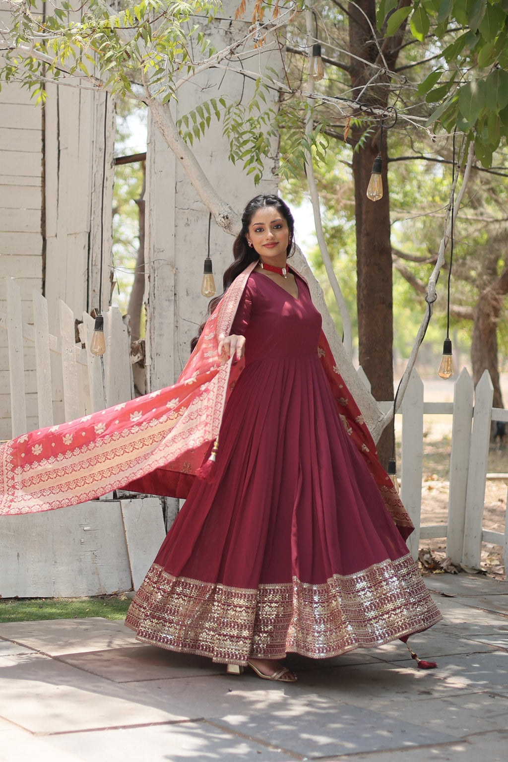 Jyoti Fashion Women's Dark Pink Faux Georgette Sequins with Embroidered Anarkali Kurta with Dupatta