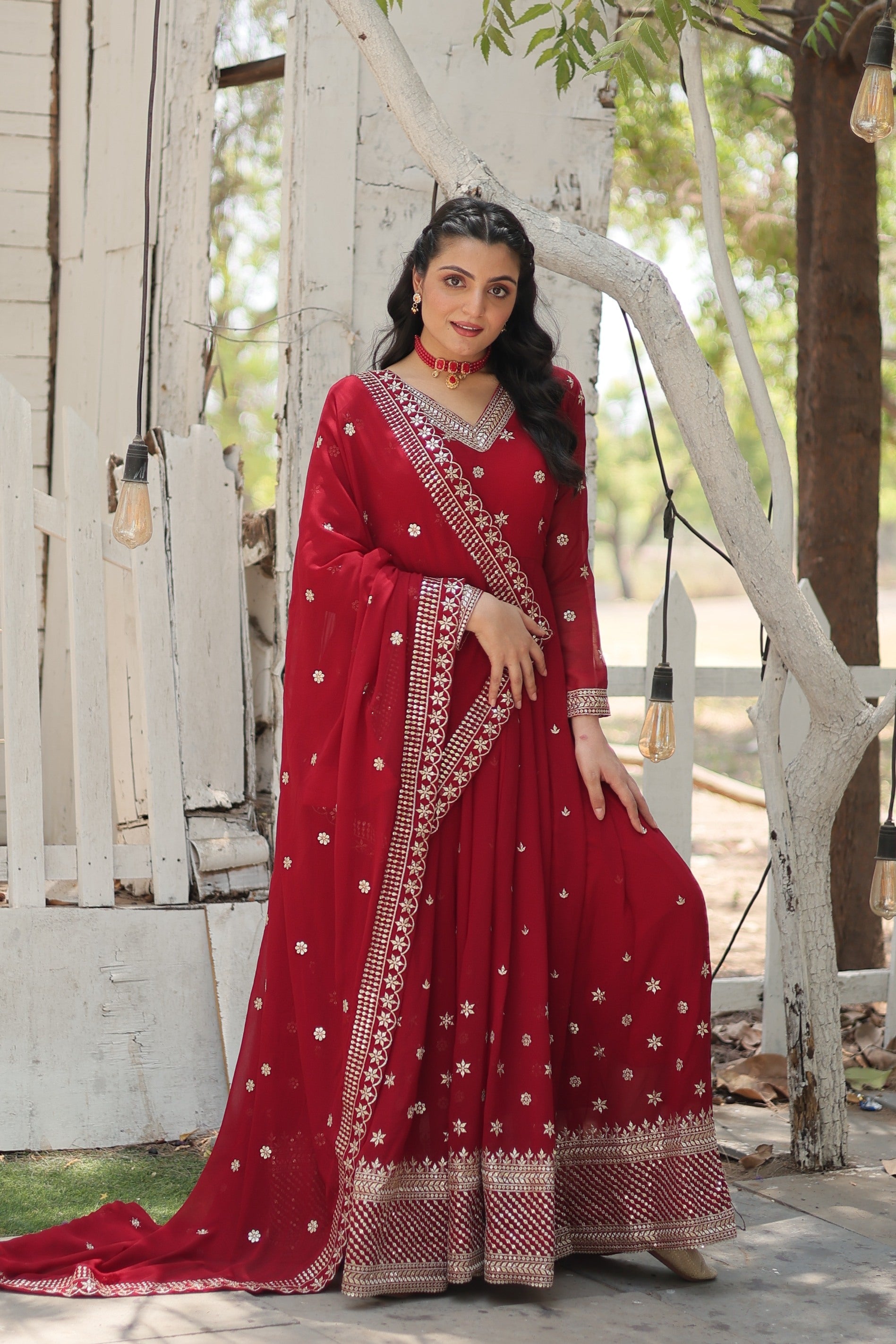 Jyoti Fashion Women's Maroon Faux Blooming Sequins with Embroidered Anarkali Kurta with Dupatta