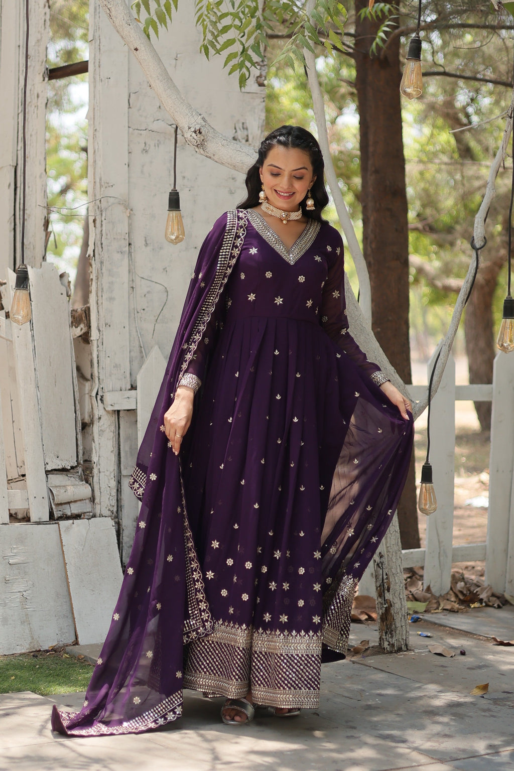Jyoti Fashion Women's Purple Faux Blooming Sequins with Embroidered Anarkali Kurta with Dupatta