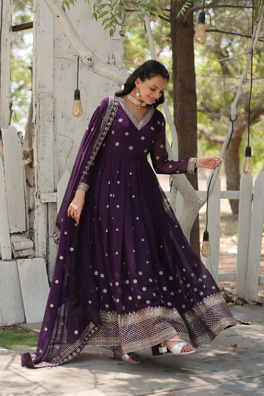 Jyoti Fashion Women's Purple Faux Blooming Sequins with Embroidered Anarkali Kurta with Dupatta