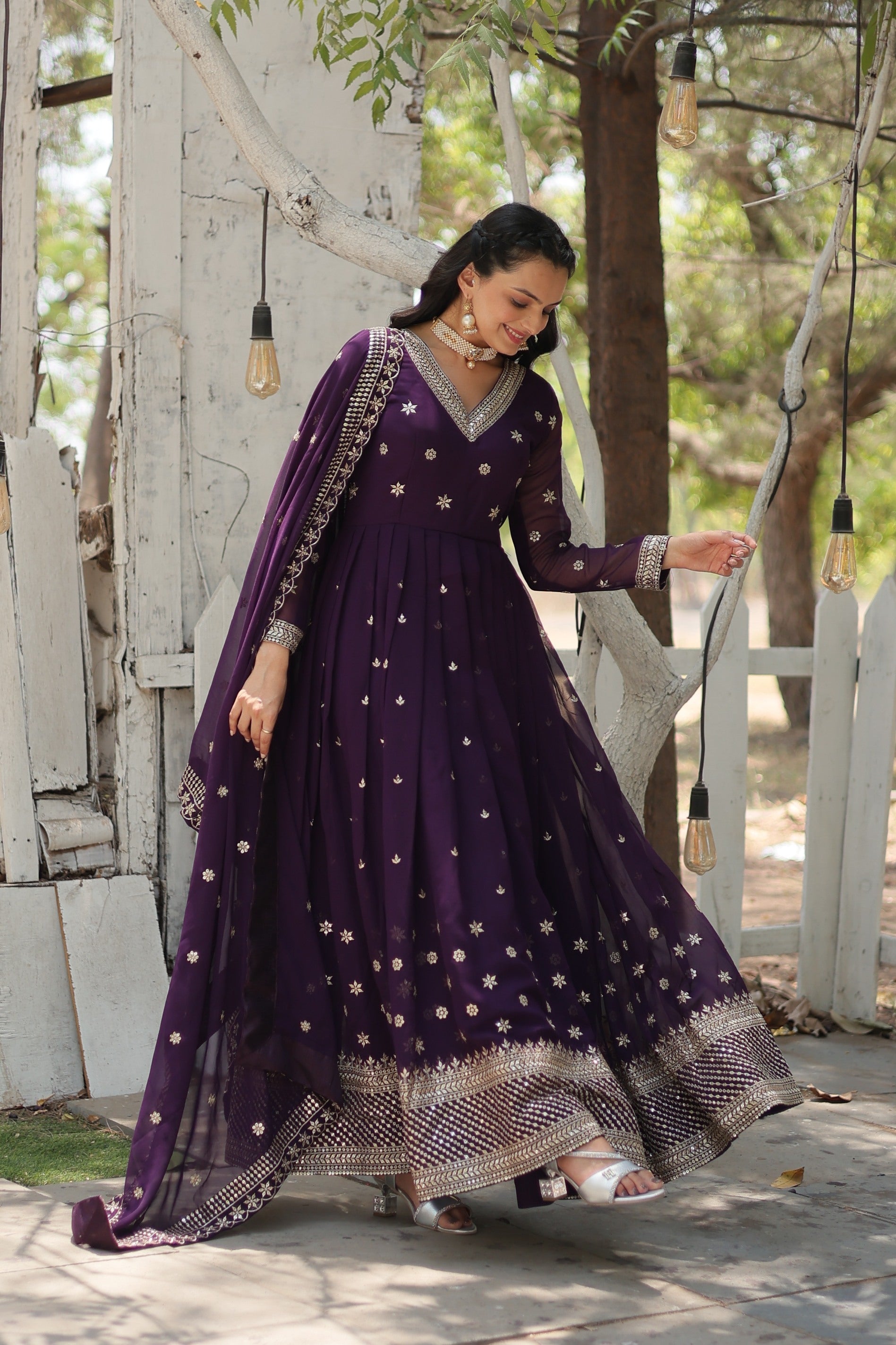 Jyoti Fashion Women's Purple Faux Blooming Sequins with Embroidered Anarkali Kurta with Dupatta