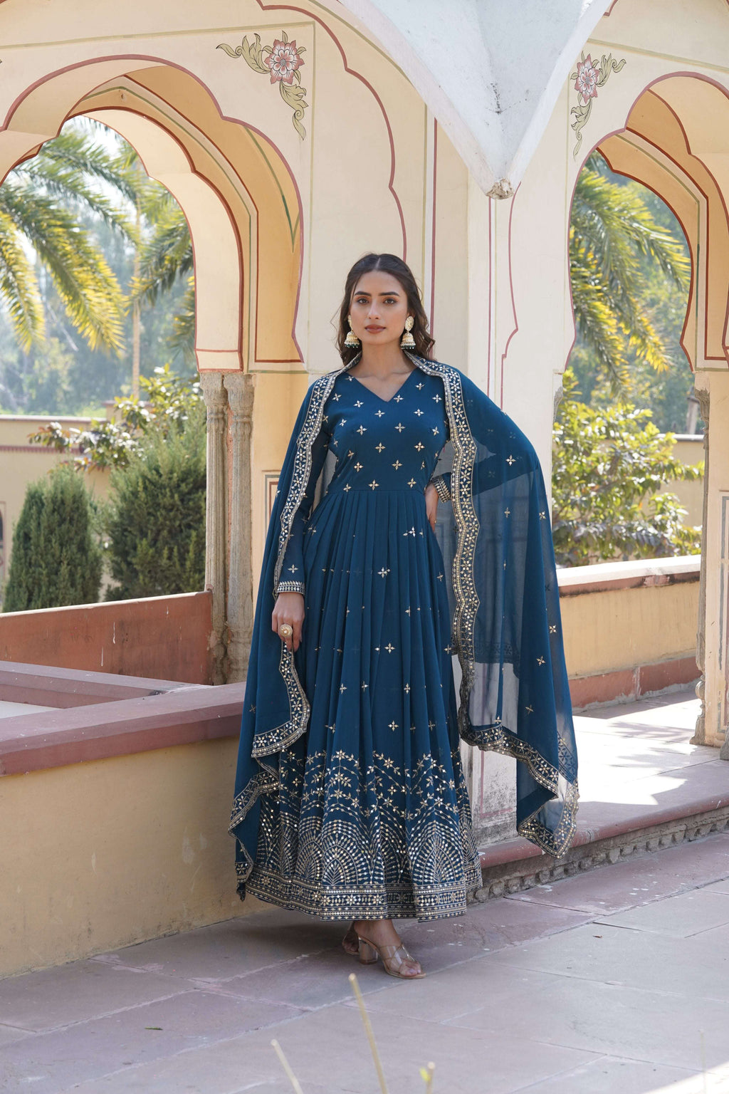 Jyoti Fashion Women's Rama Faux Georgette Sequins with Zari Embroidered Anarkali Kurta with Dupatta