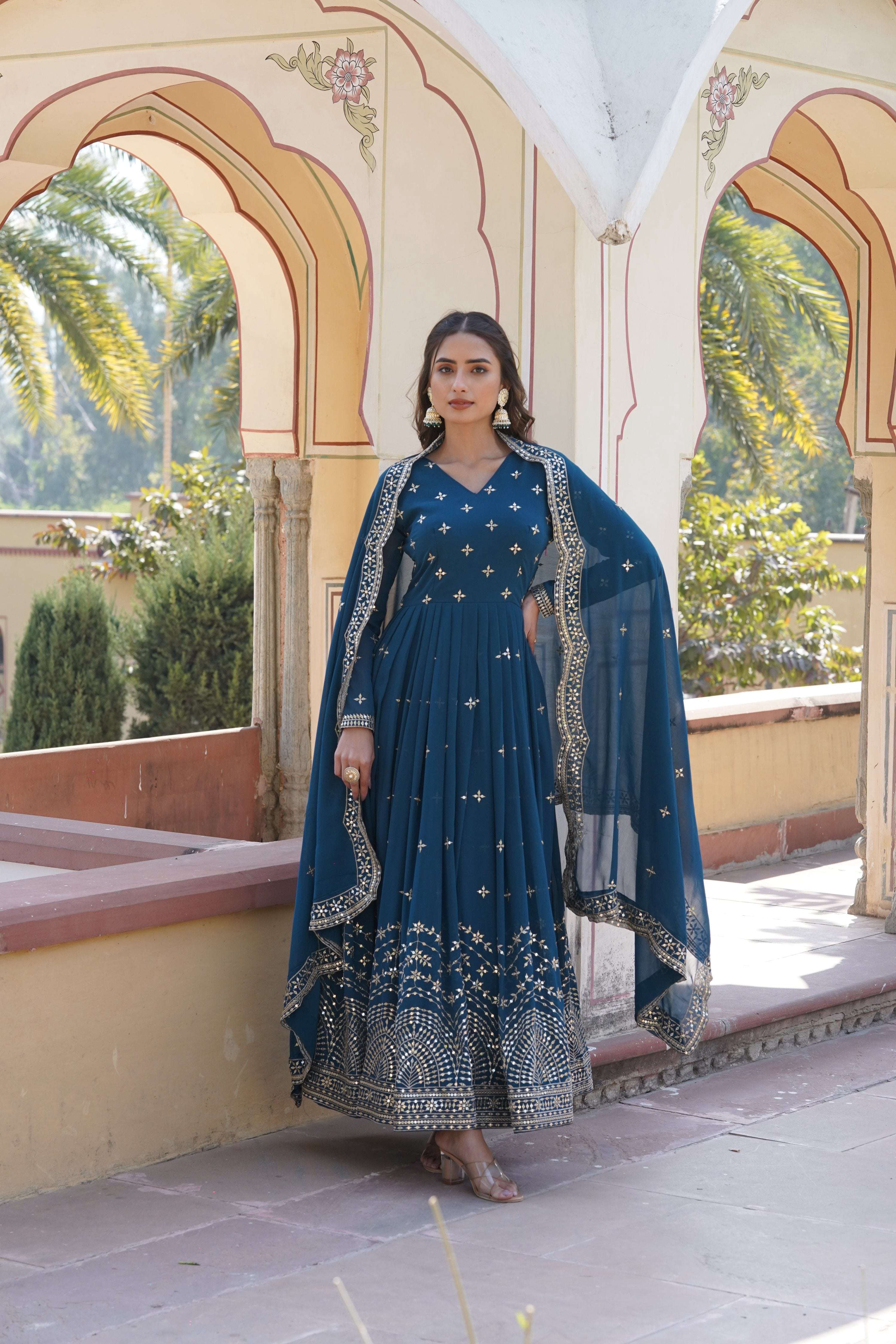 Jyoti Fashion Women's Rama Faux Georgette Sequins with Zari Embroidered Anarkali Kurta with Dupatta