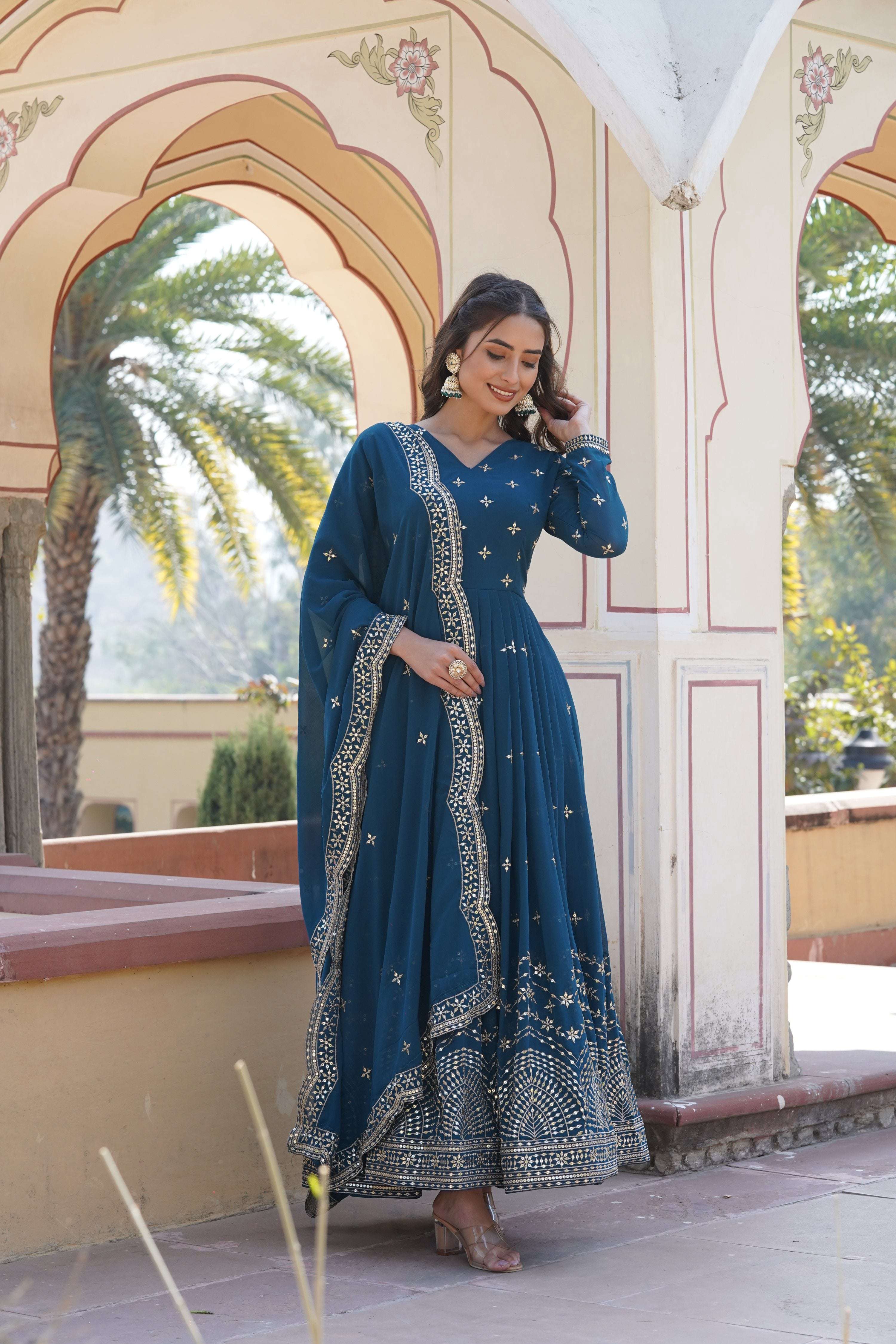 Jyoti Fashion Women's Rama Faux Georgette Sequins with Zari Embroidered Anarkali Kurta with Dupatta
