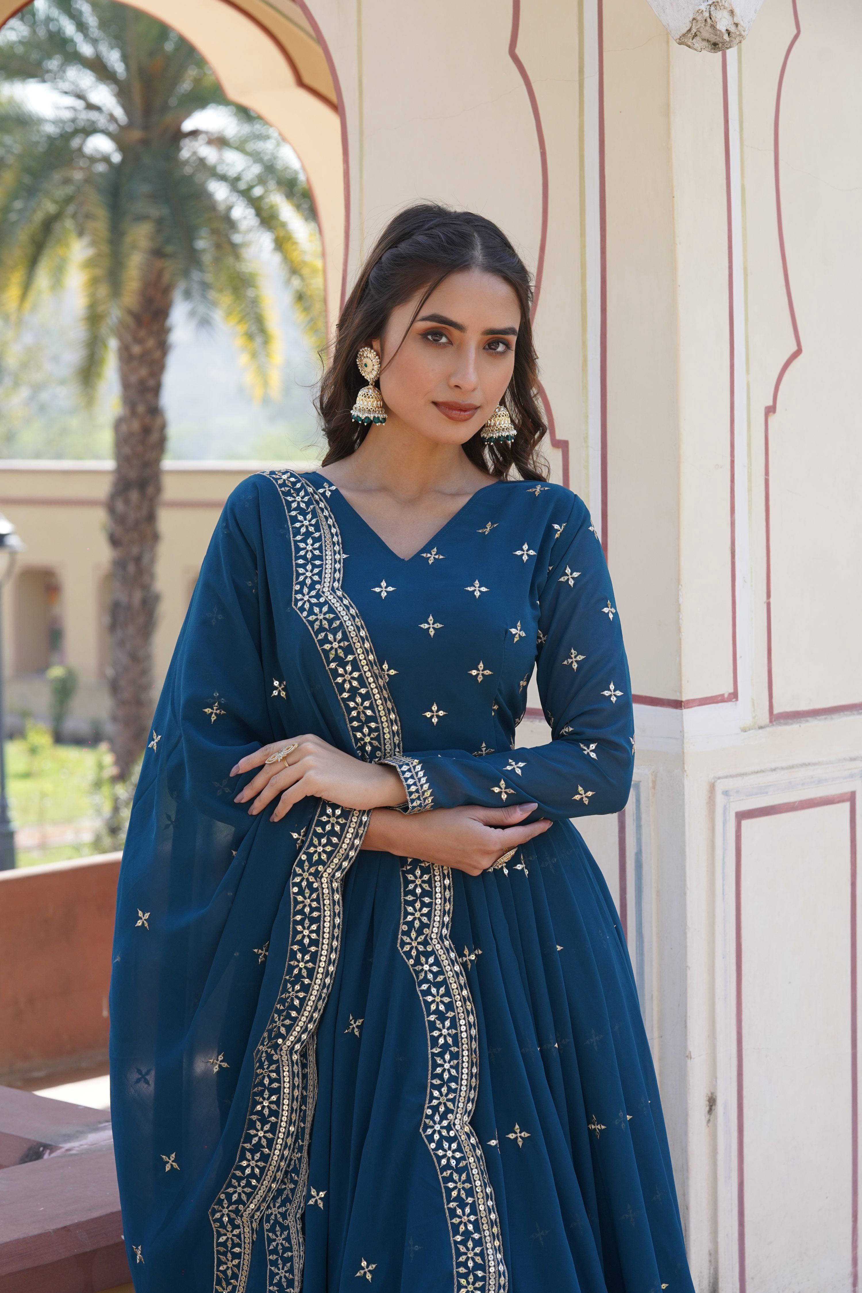 Jyoti Fashion Women's Rama Faux Georgette Sequins with Zari Embroidered Anarkali Kurta with Dupatta