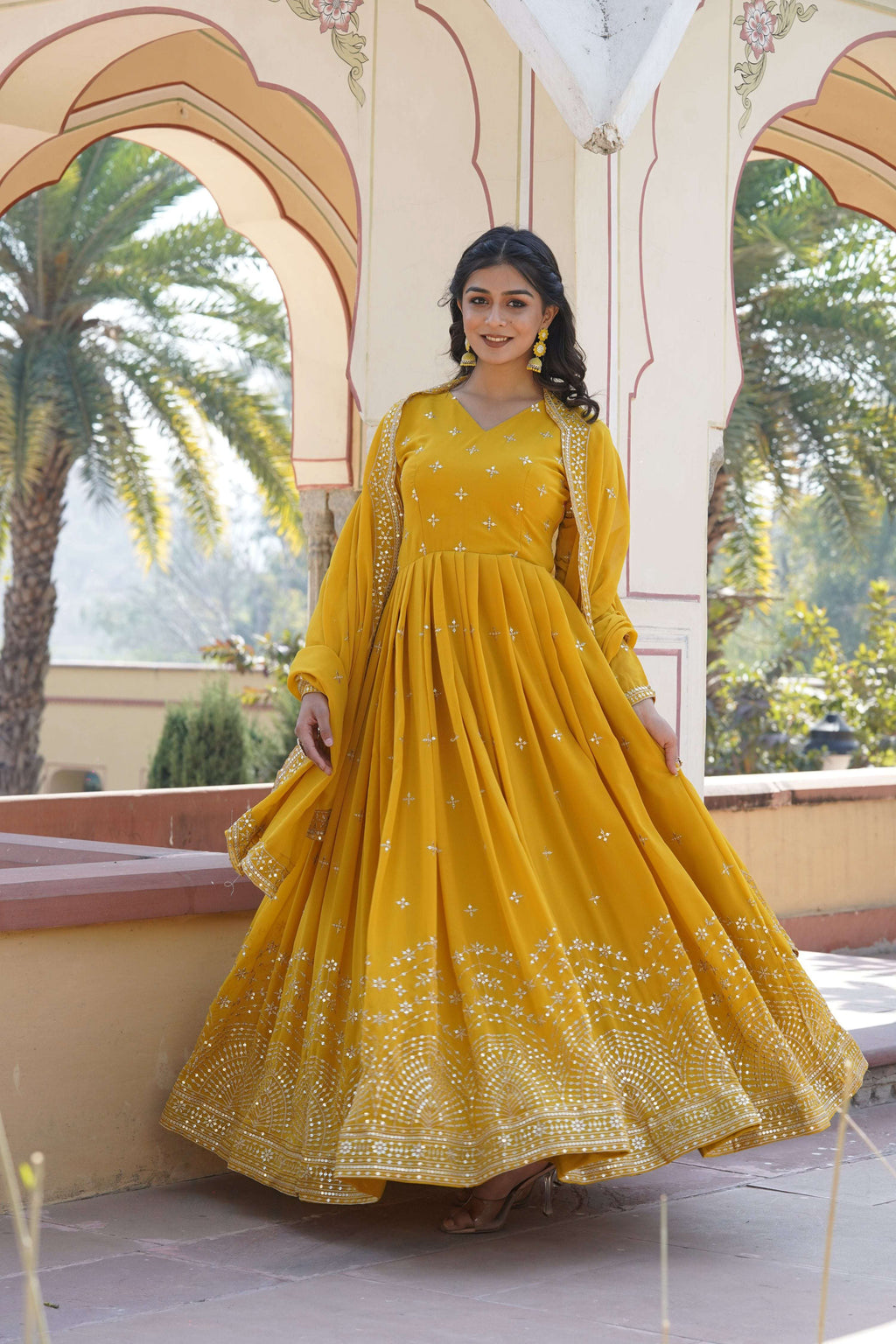 Jyoti Fashion Women's Yellow Faux Georgette Sequins with Zari Embroidered Anarkali Kurta with Dupatta