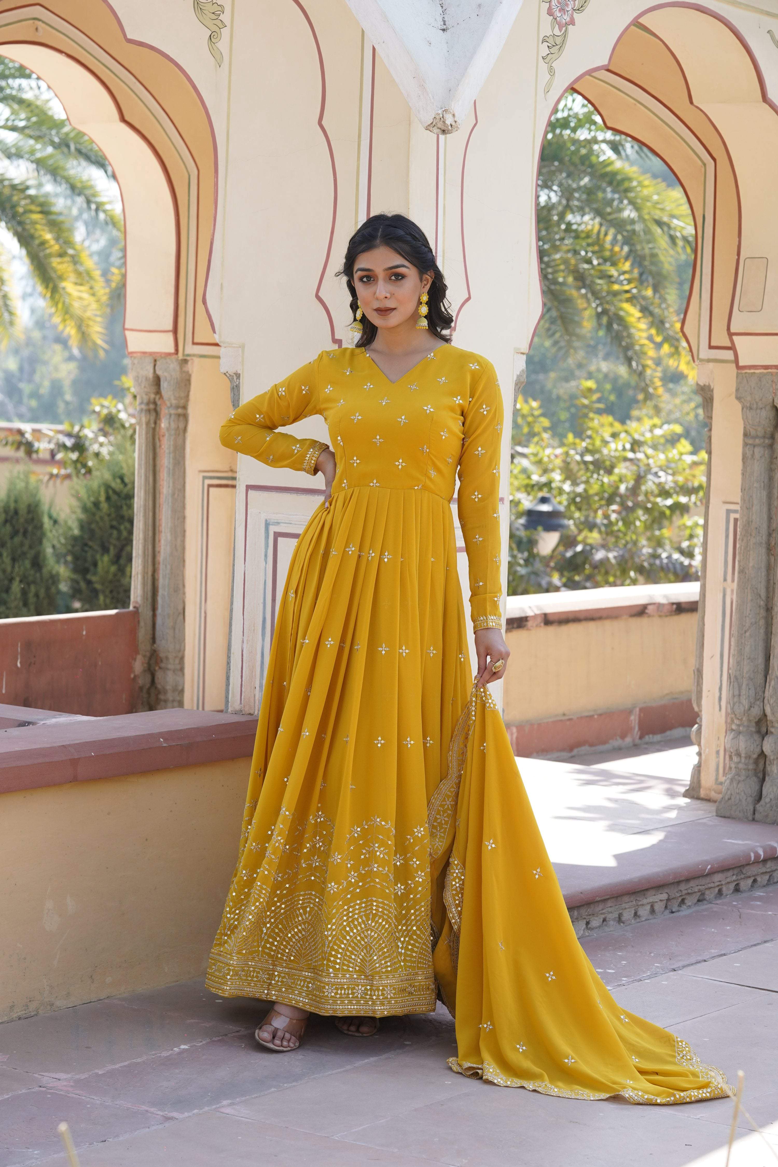 Jyoti Fashion Women's Yellow Faux Georgette Sequins with Zari Embroidered Anarkali Kurta with Dupatta
