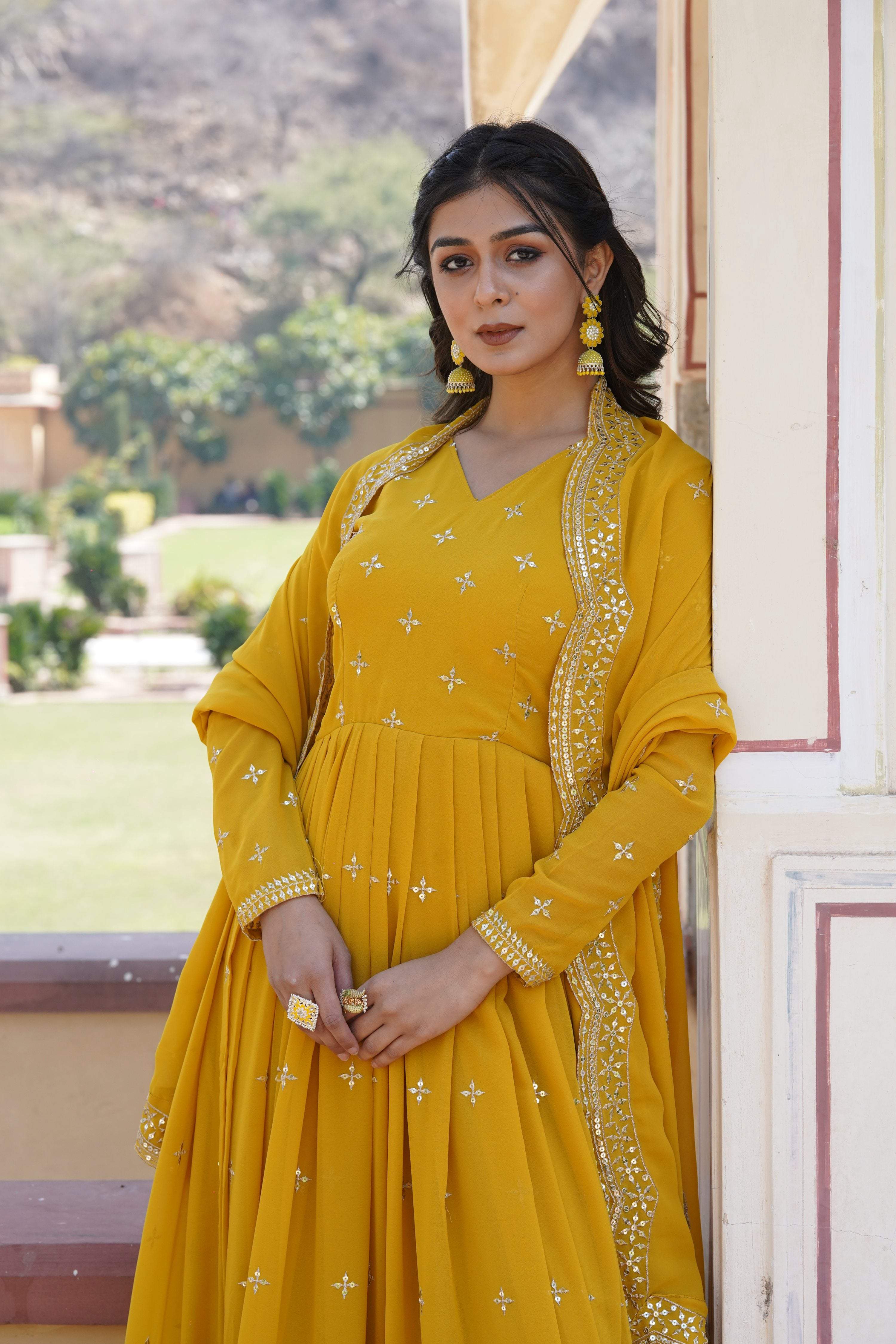 Jyoti Fashion Women's Yellow Faux Georgette Sequins with Zari Embroidered Anarkali Kurta with Dupatta