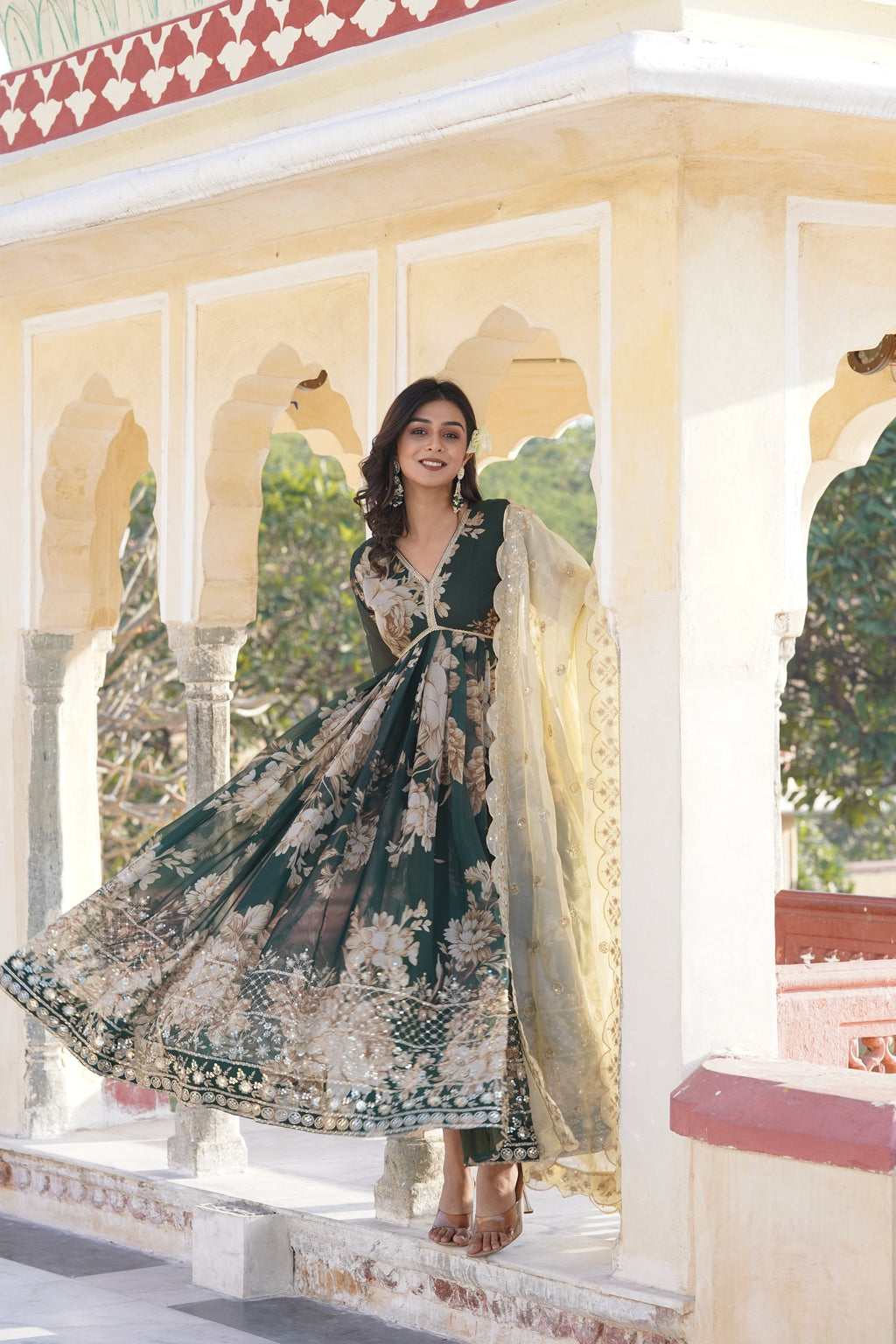 Jyoti Fashion Women's Bottle Green Russian Silk Sequins with Zari Embroidered Anarkali Kurta with Dupatta