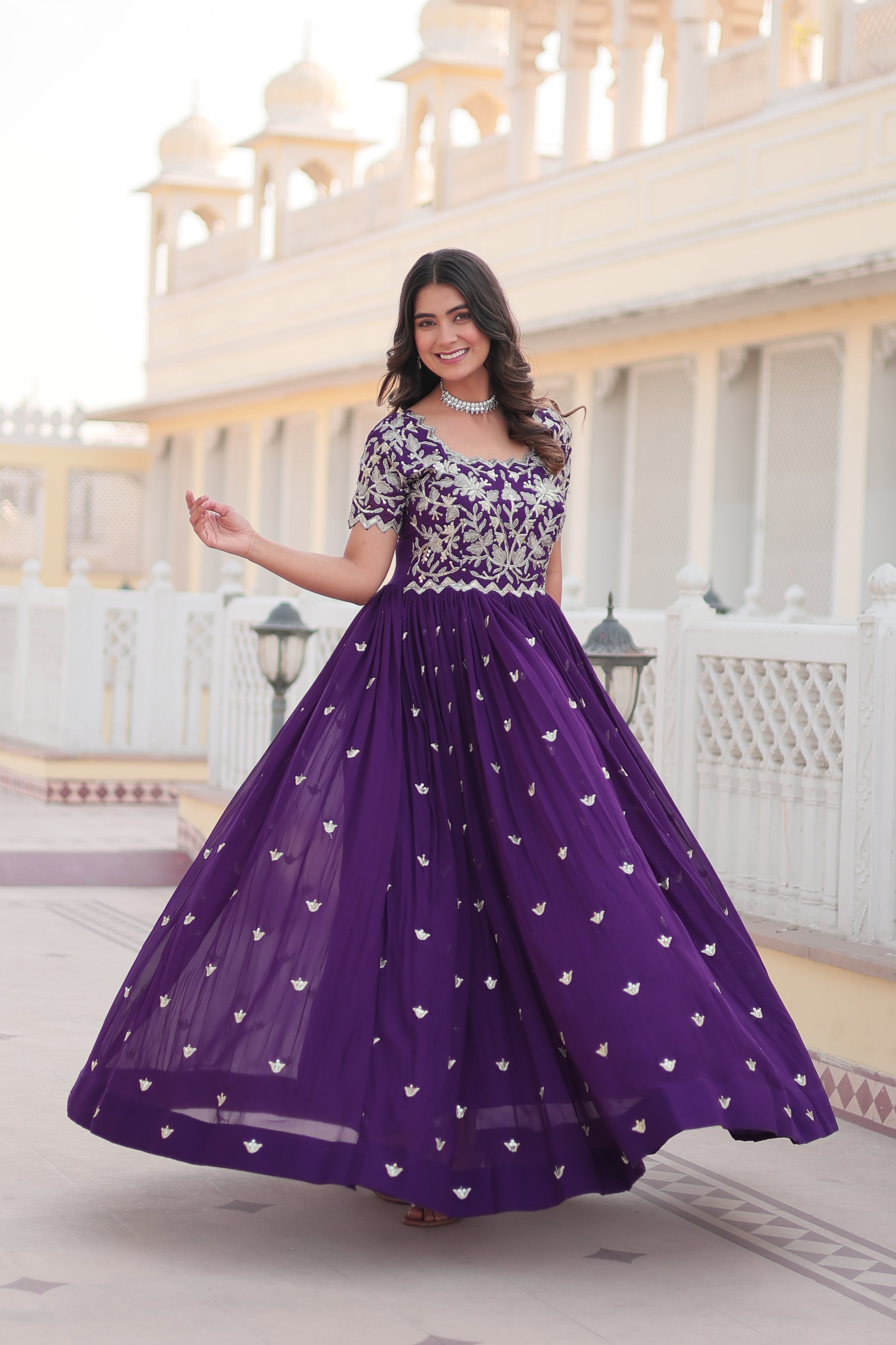 Jyoti Fashion Women's Purple Faux Blooming Codding Sequins with Embroidered Long Anarkali Dress