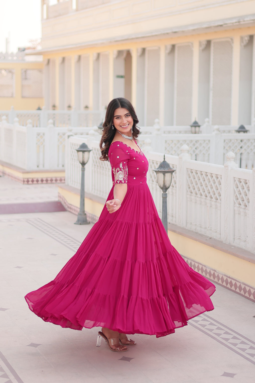 Jyoti Fashion Women's Rani Pink Faux Blooming Sequins with Zari Embroidered Long Anarkali Dress